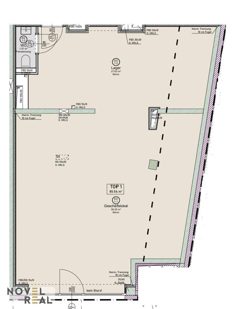 Grundriss eines Geschäftslokals mit 85,56 m² Fläche, inklusive Lagerraum und separatem WC.