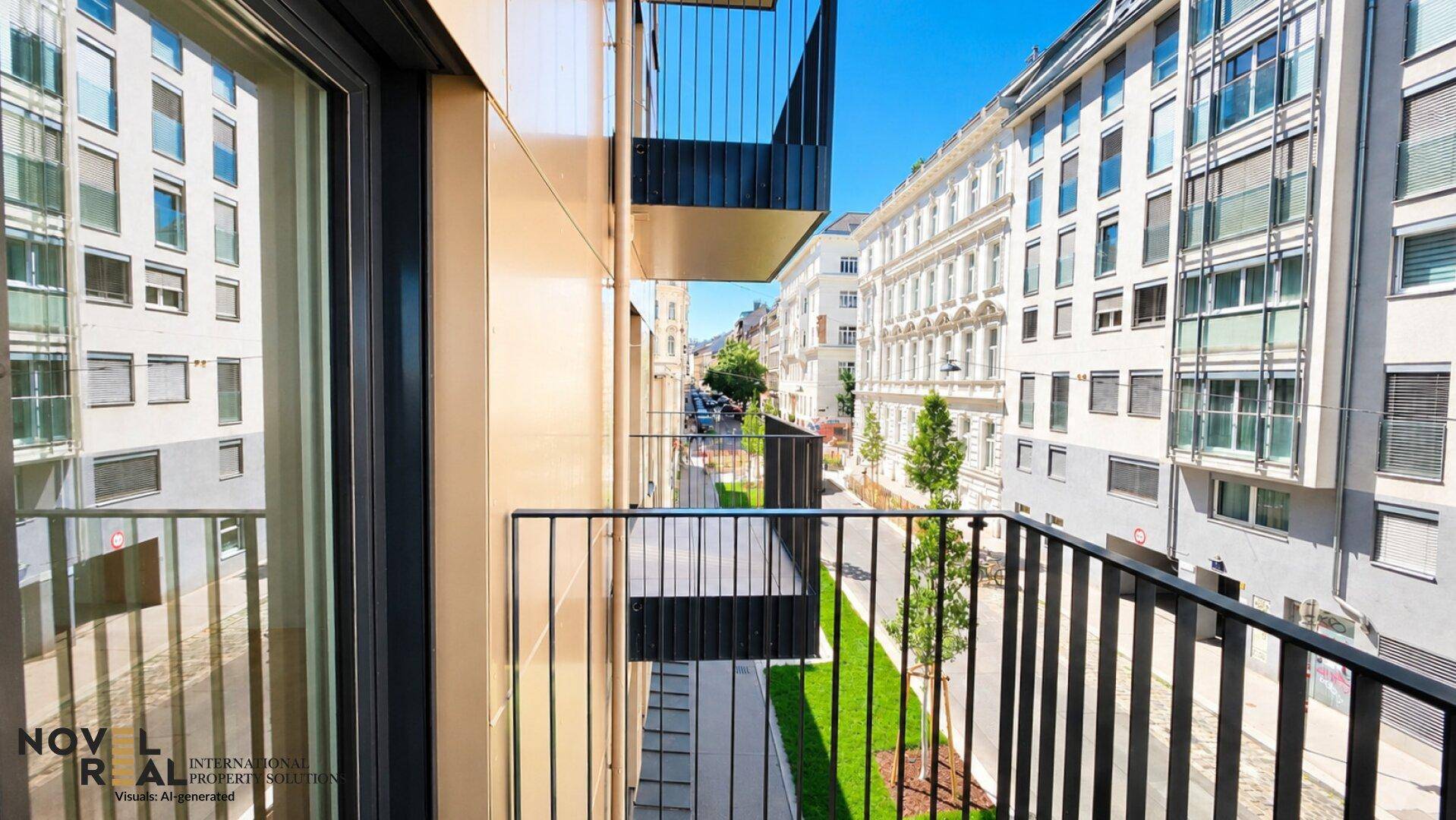 Moderner Balkon mit schwarzem Geländer und Blick auf die begrünte Straße.