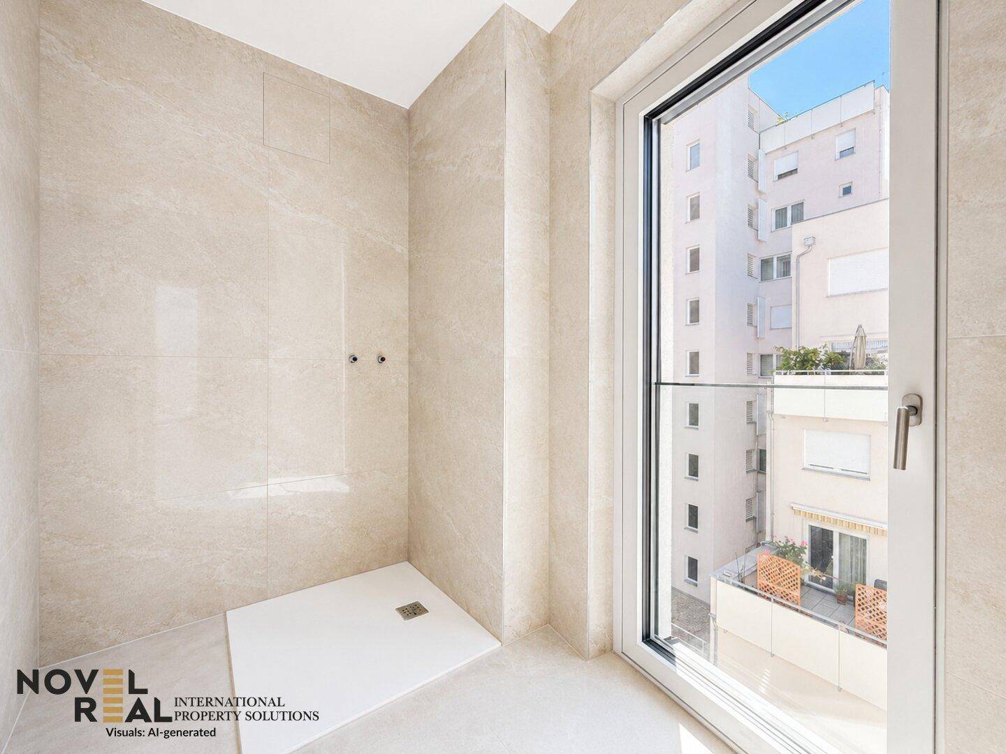 Modernes Badezimmer mit beigefarbenen Fliesen, ebenerdiger Dusche und großem Fenster mit Stadtblick.