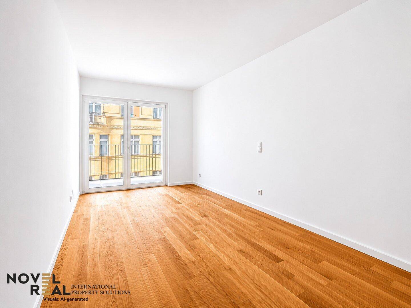 Helles Schlafzimmer mit Parkettboden und Balkonzugang, ideal für eine ruhige Wohnatmosphäre.