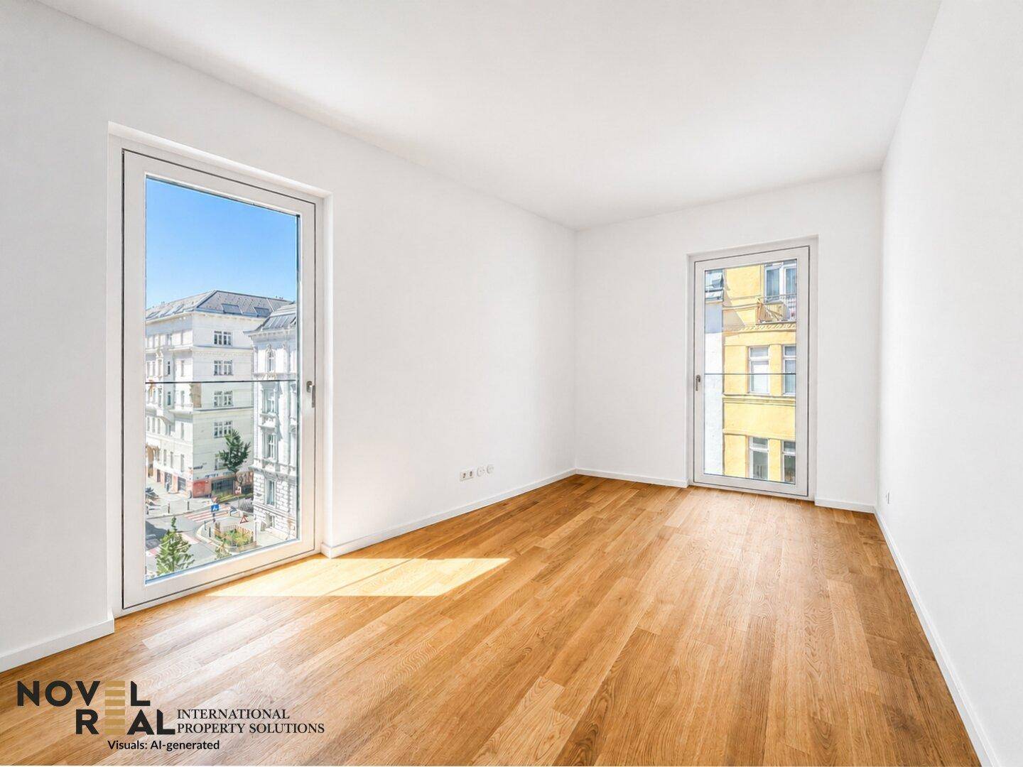 Helles Schlafzimmer mit Parkettboden und großen Fenstern, die einen Blick auf die Stadt bieten.
