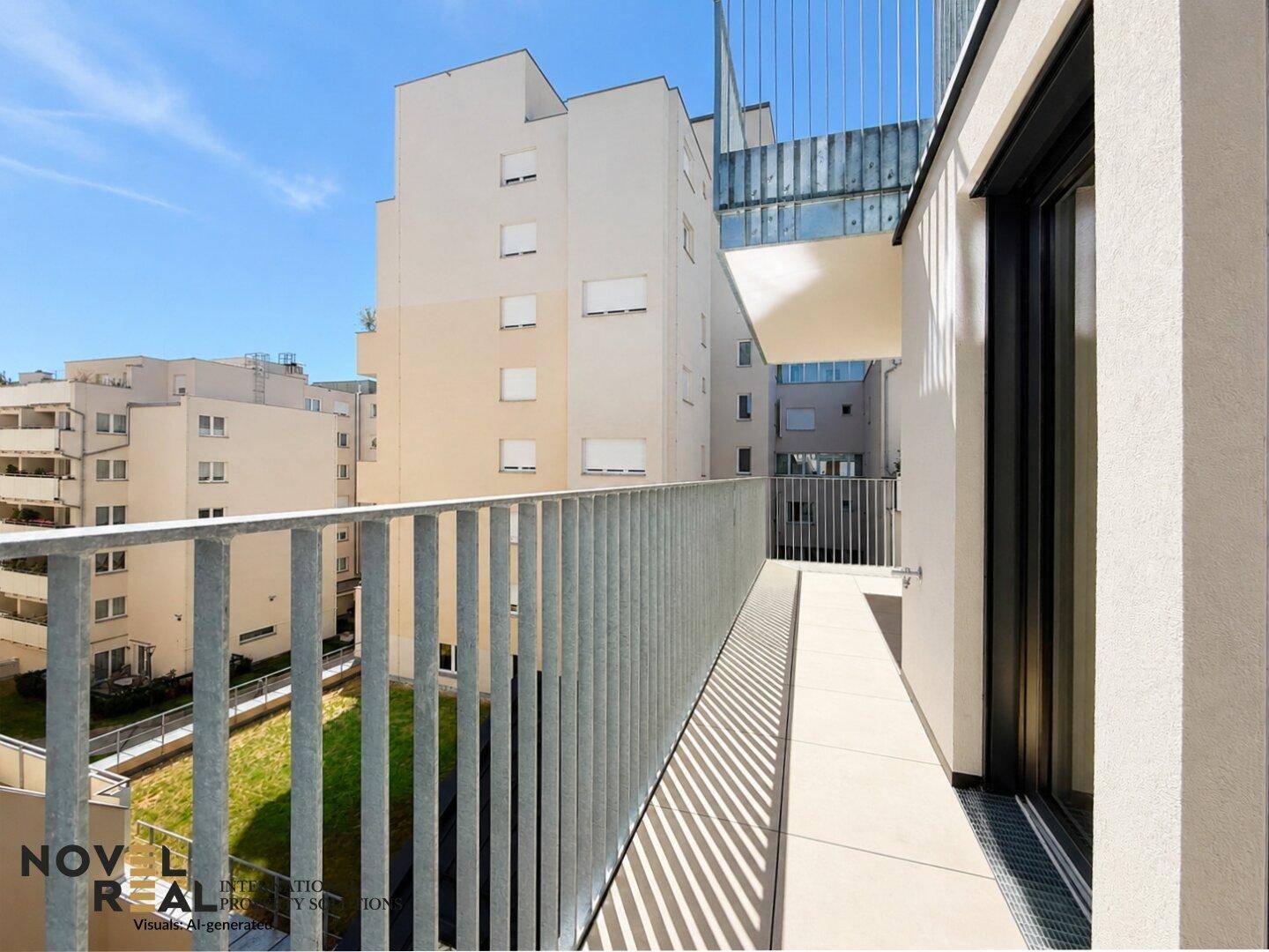 Langer Balkon mit Fliesenboden und Metallgeländer, bietet einen Blick auf den Innenhof.