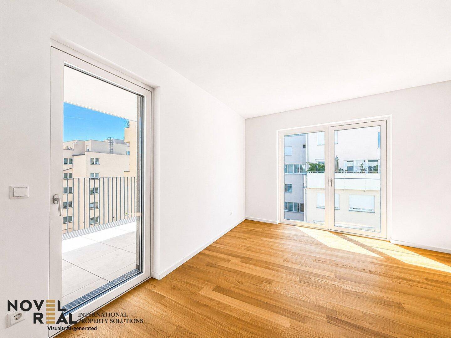 Heller Raum mit Holzboden und großem Fenster, das Zugang zu einer sonnigen Terrasse bietet.