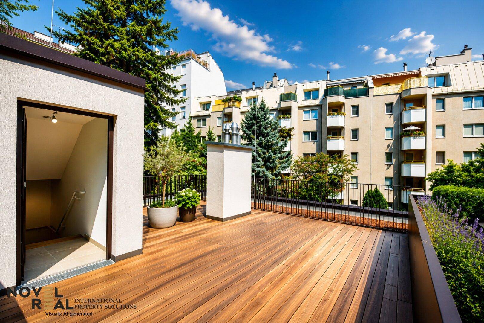 Geräumige Dachterrasse mit Holzboden, Pflanzen und weitem Blick über die Stadt.