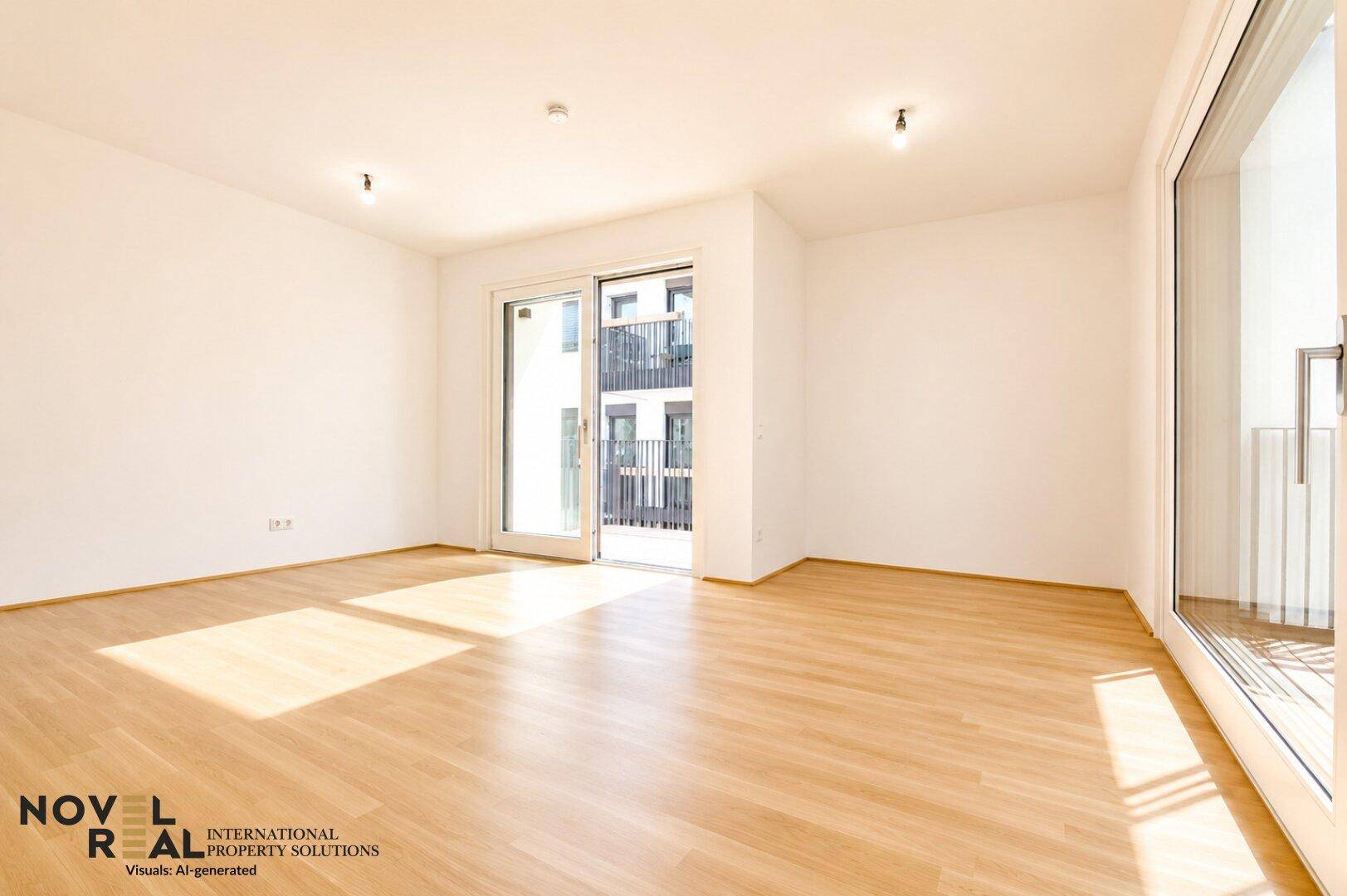 Geräumiges Wohnzimmer mit Holzboden und großen Fenstern, die viel Tageslicht hereinlassen.