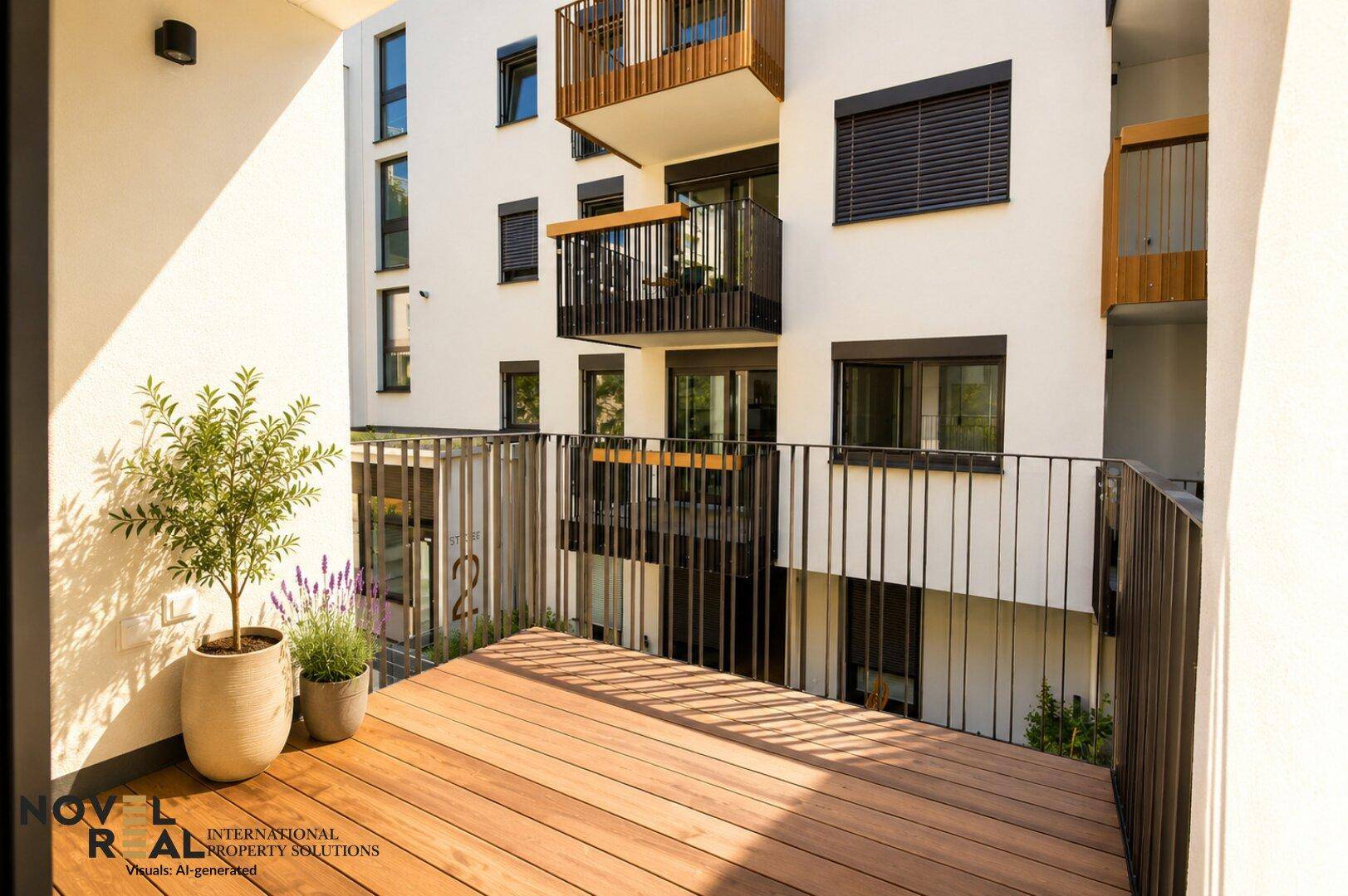Heller Balkon mit Holzboden und Blick auf die moderne Fassade des Gebäudes.