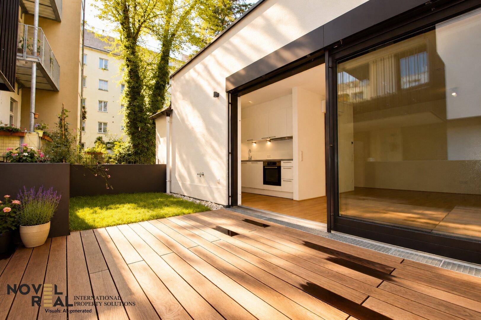 Holzterrasse mit kleinem Rasenbereich und Blick auf die umliegenden Gebäude.