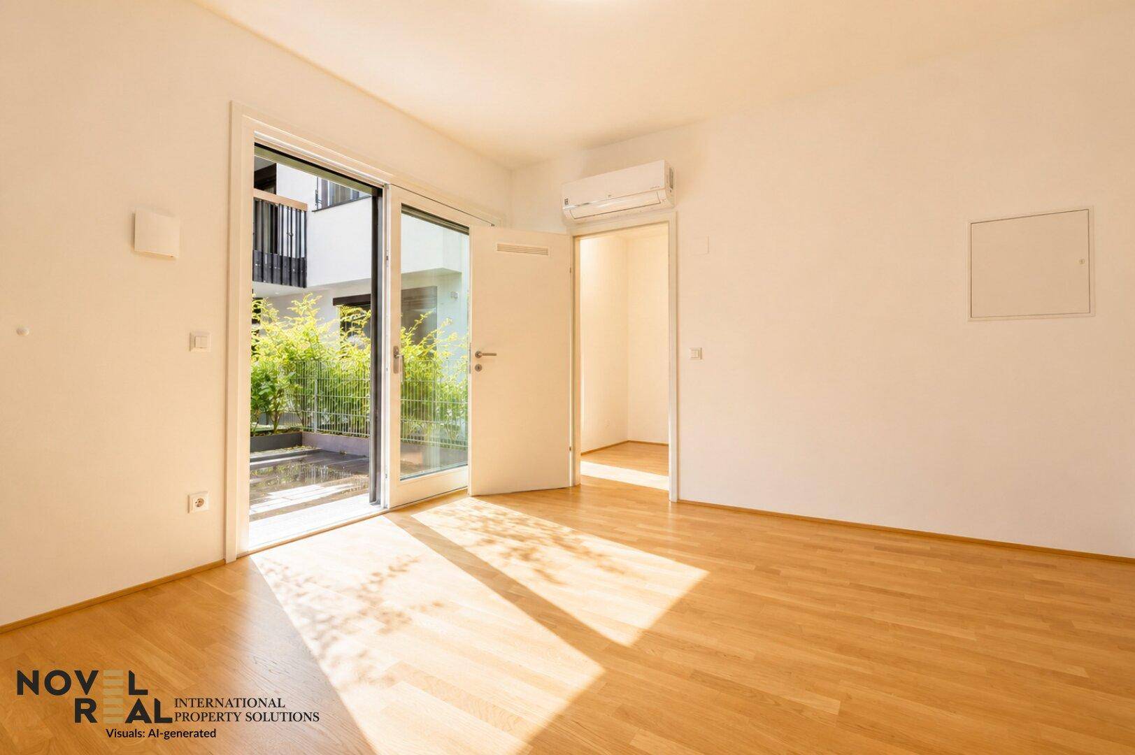 Wohnzimmer mit Holzboden, Klimaanlage und offener Tür zu einem grünen Außenbereich.
