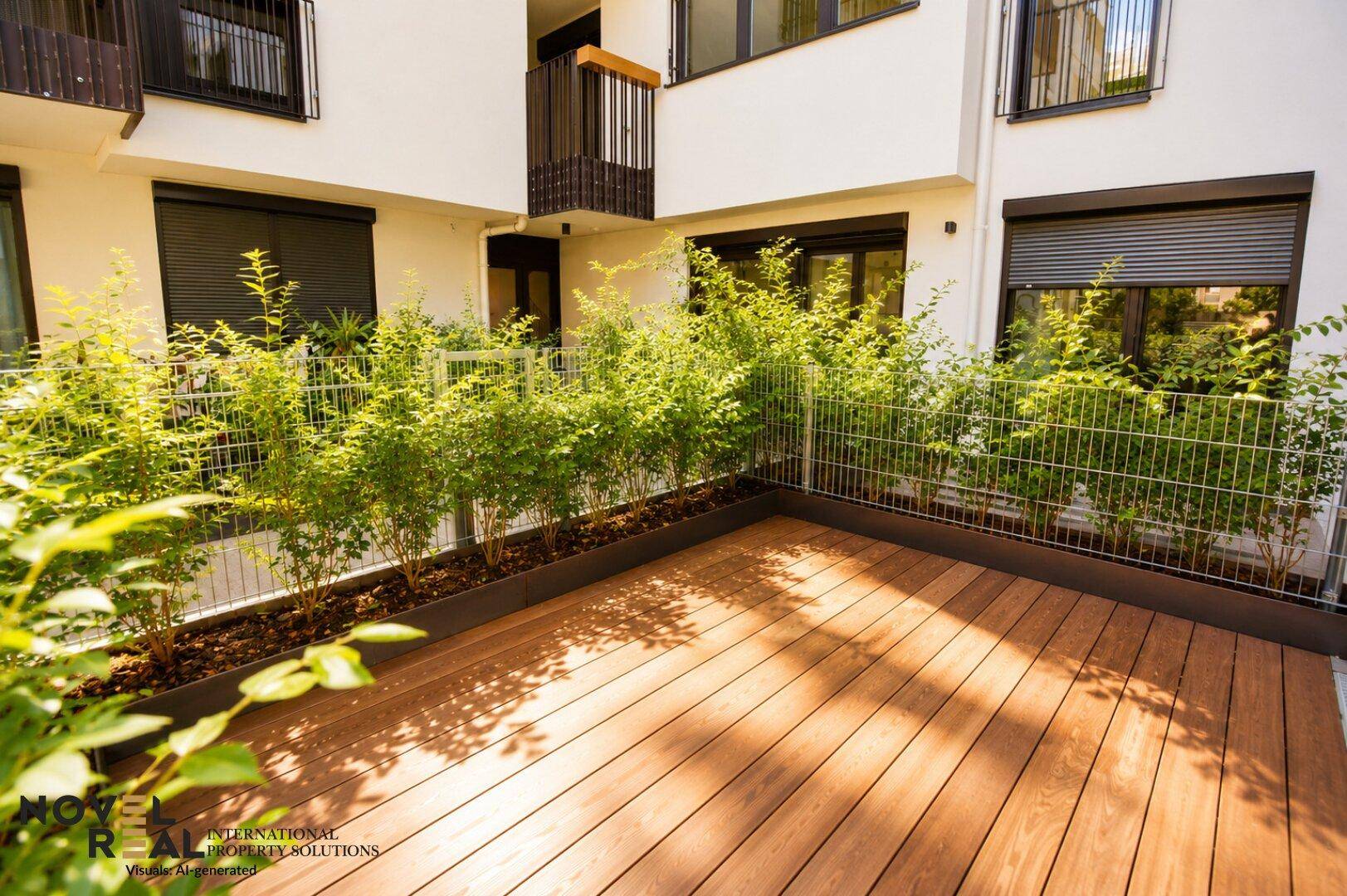 Private Holzterrasse mit Heckenbepflanzung und Blick auf die moderne Wohnanlage.