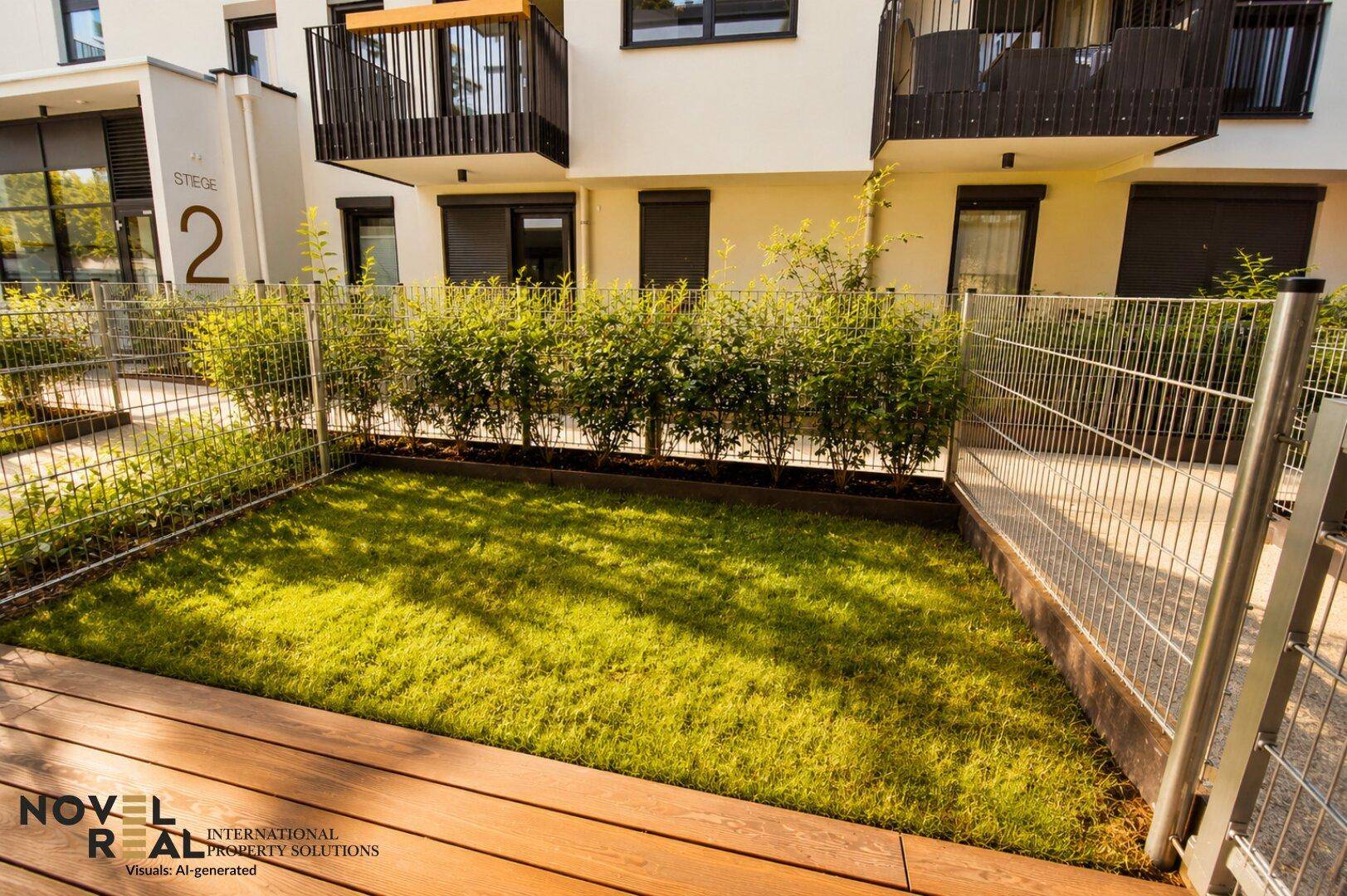 Kleiner privater Gartenbereich mit Rasen und Holzterrasse, umgeben von einem Zaun.