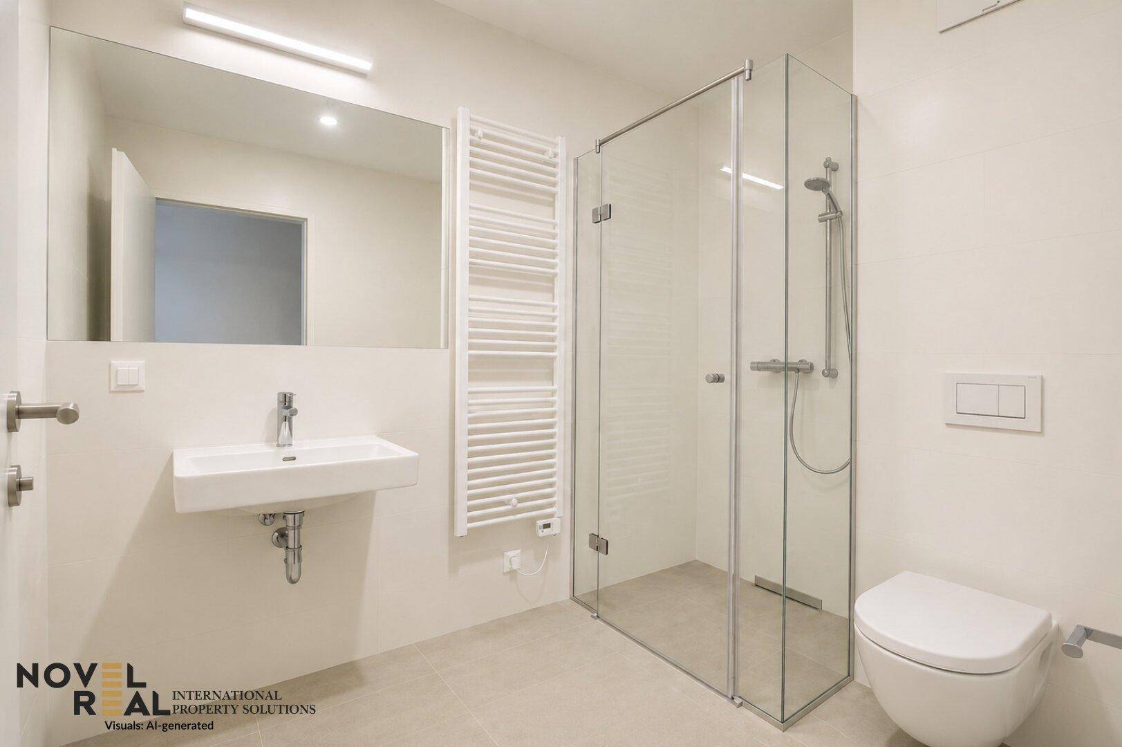 Helles Badezimmer mit Dusche, WC, Waschbecken und beheiztem Handtuchhalter.