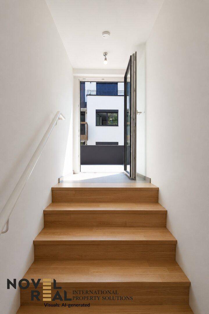 Holztreppe führt zu einem oberen Bereich mit Blick auf die moderne Architektur.