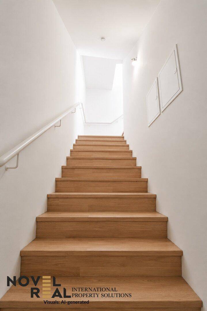 Lange Holztreppe mit Handlauf, die zu den oberen Etagen des Hauses führt.