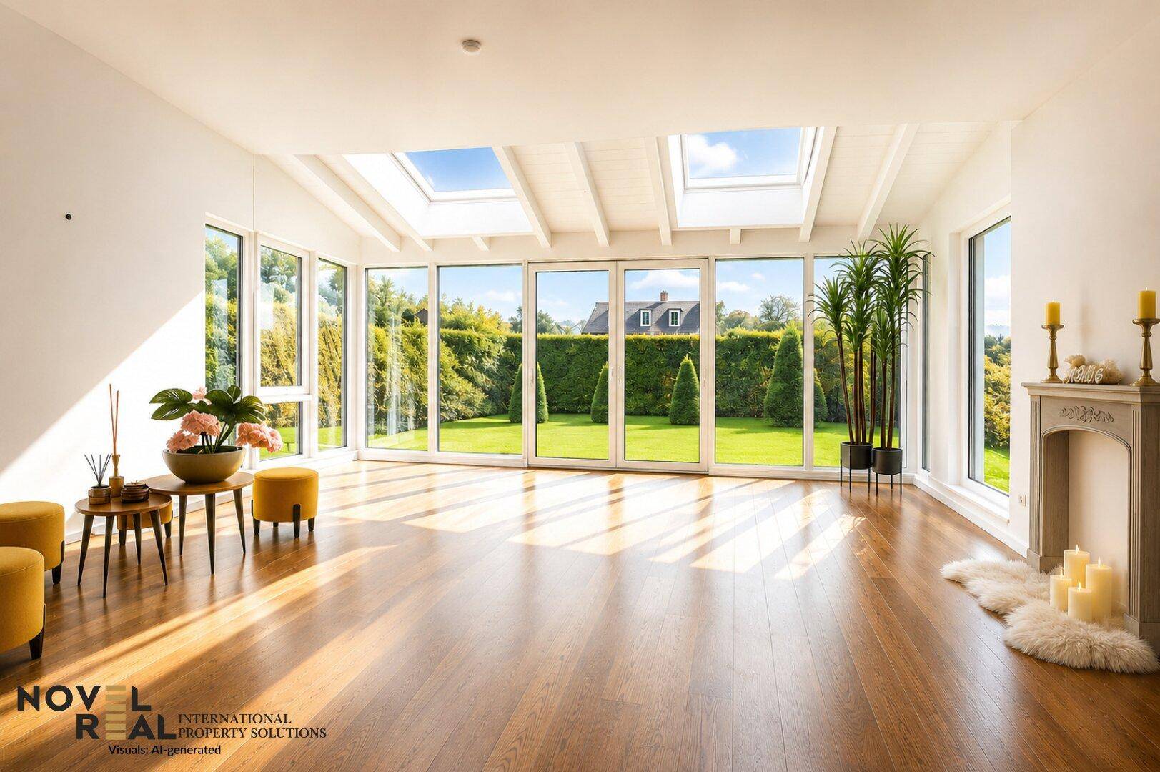 Heller Wohnbereich mit großen Fensterfronten, Holzboden und Blick in den Garten.