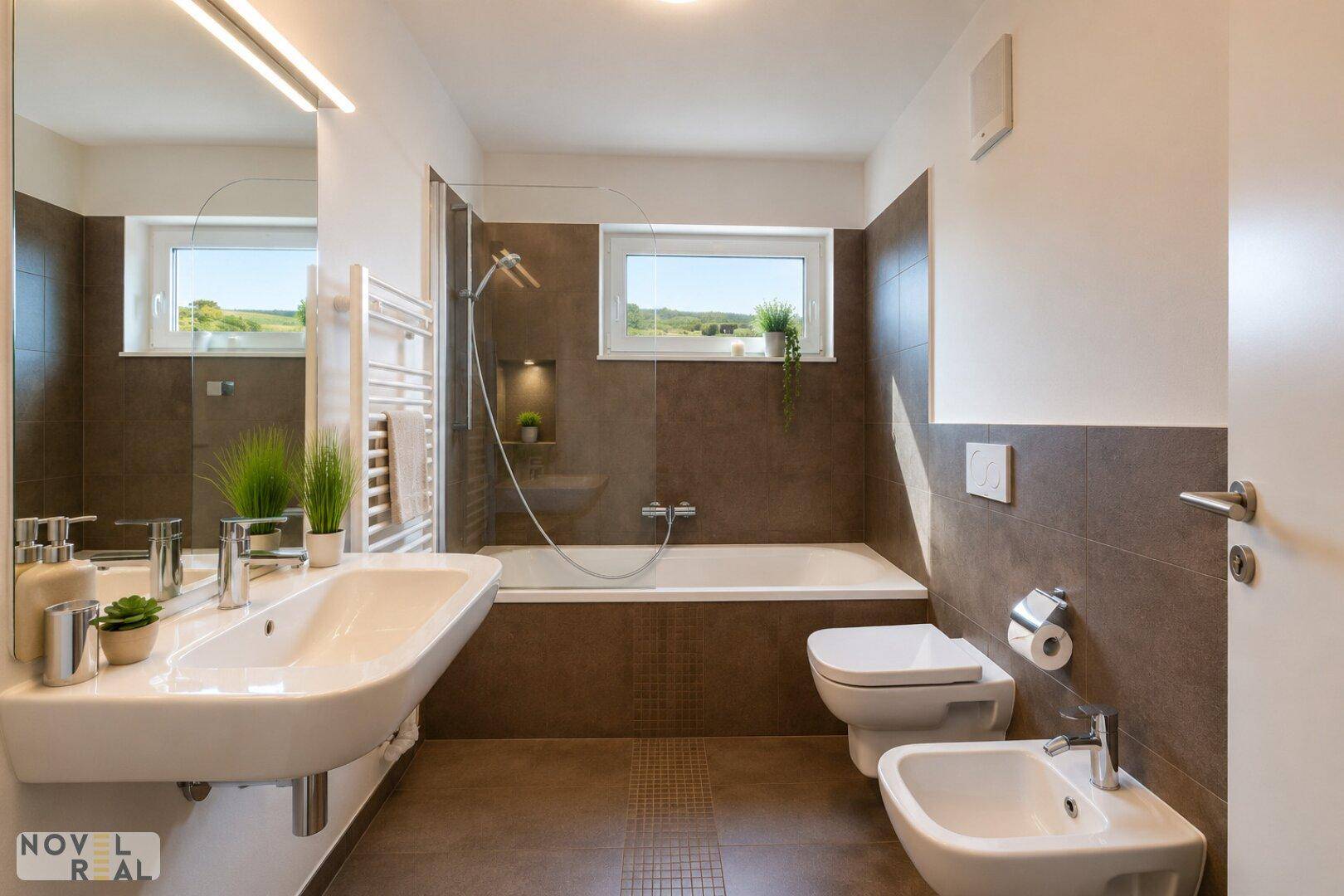 Modernes Badezimmer mit Badewanne, Dusche, Bidet und Fenster mit Blick ins Grüne.