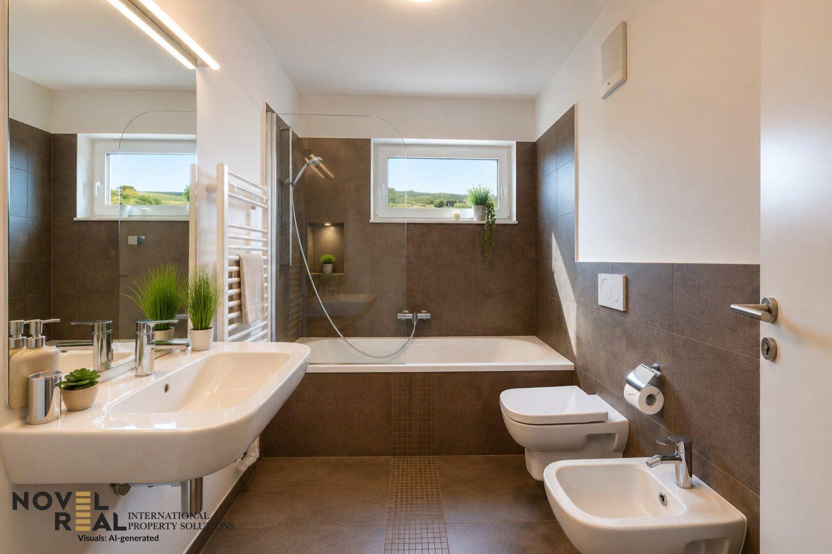 Modernes Badezimmer mit Badewanne, Dusche, Bidet und Fenster für Tageslicht.
