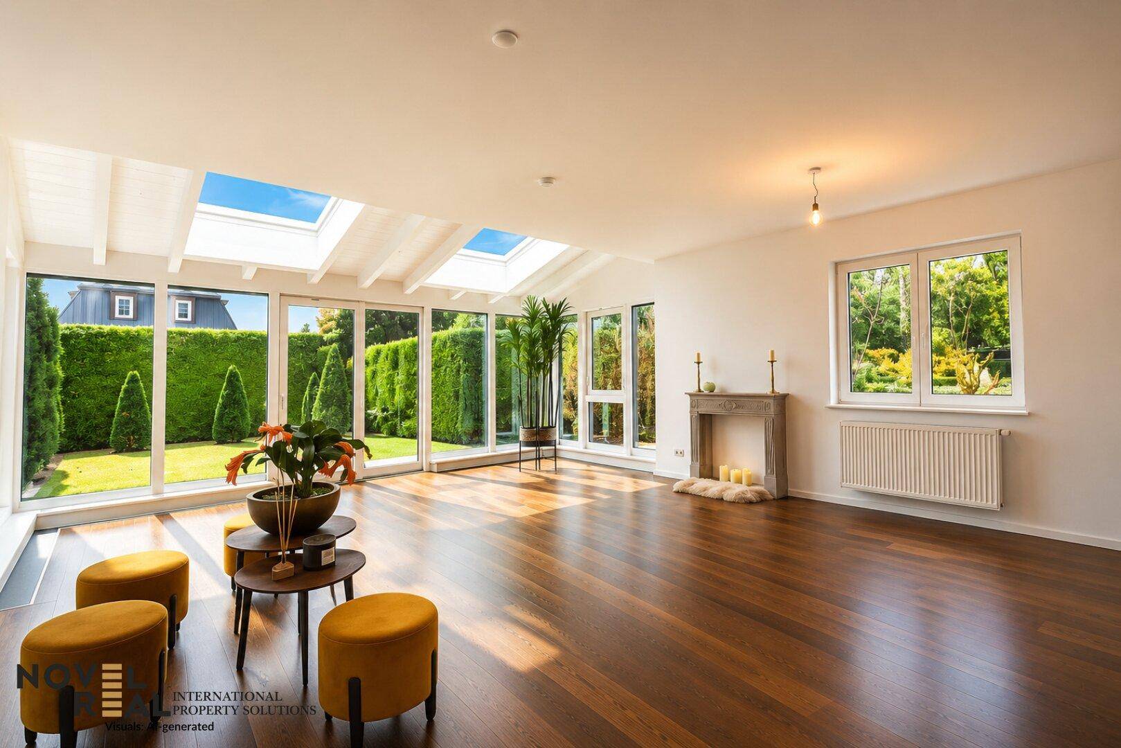 Lichtdurchfluteter Wohnraum mit Holzboden, Dachfenstern und direktem Gartenzugang.