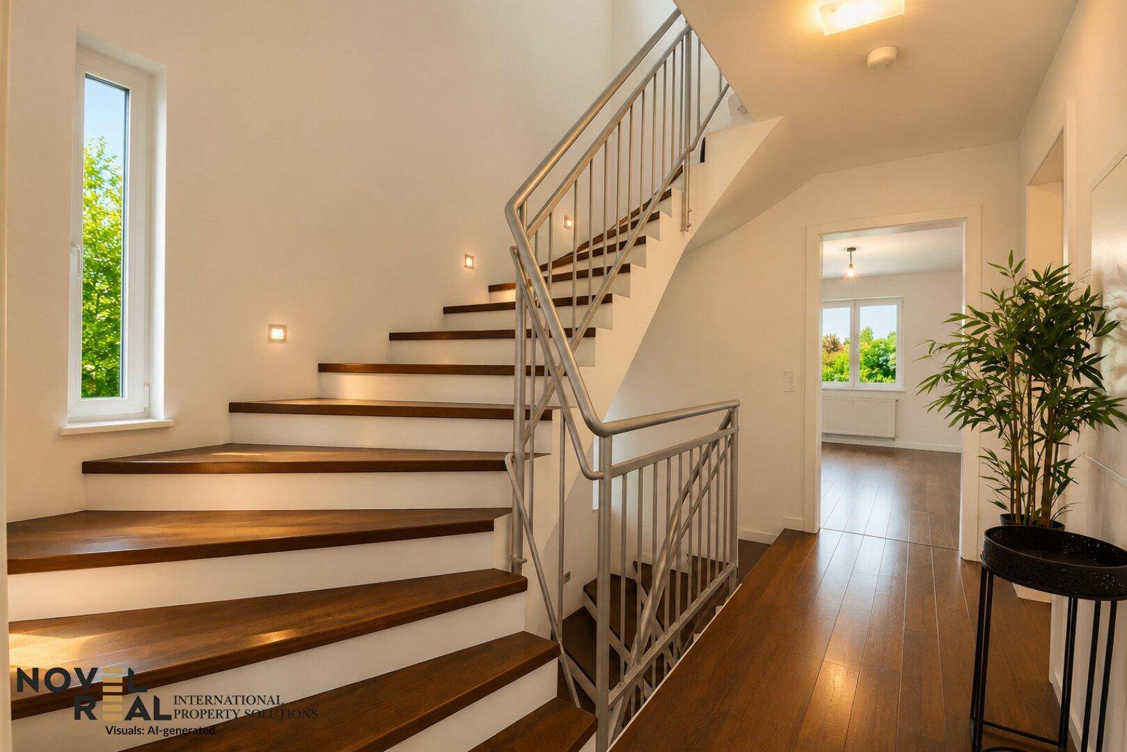 Elegante Holztreppe mit Edelstahlgeländer und integrierter Wandbeleuchtung im Flur.