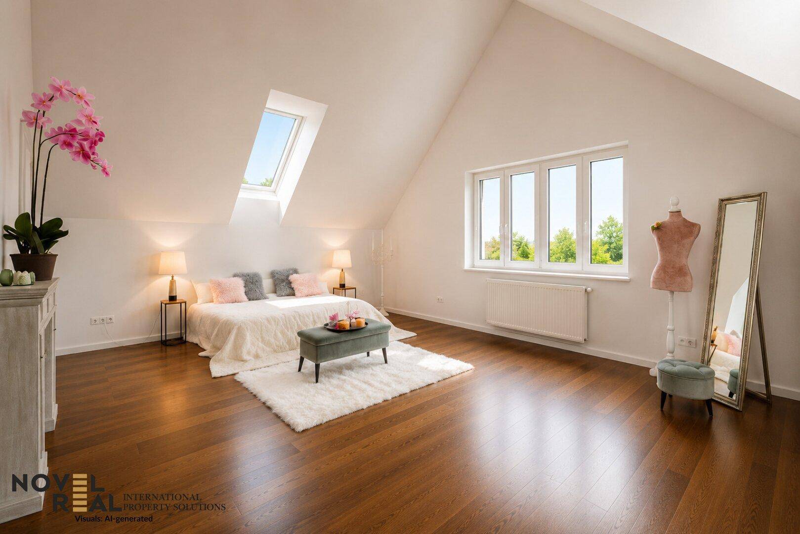 Helles Dachgeschoss-Schlafzimmer mit Holzboden, großen Fenstern und schrägen Wänden.