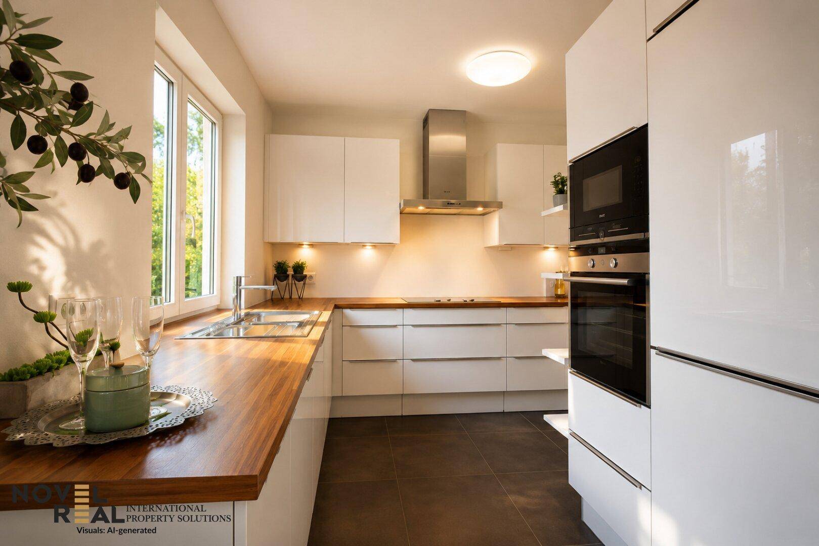 Moderne Einbauküche mit weißen Hochglanzfronten, Holzarbeitsplatte und Fensterblick.