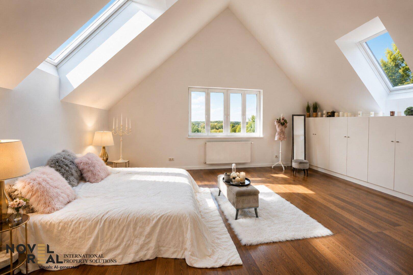 Gemütliches Schlafzimmer im Dachgeschoss mit Holzboden, Dachfenstern und viel Licht.