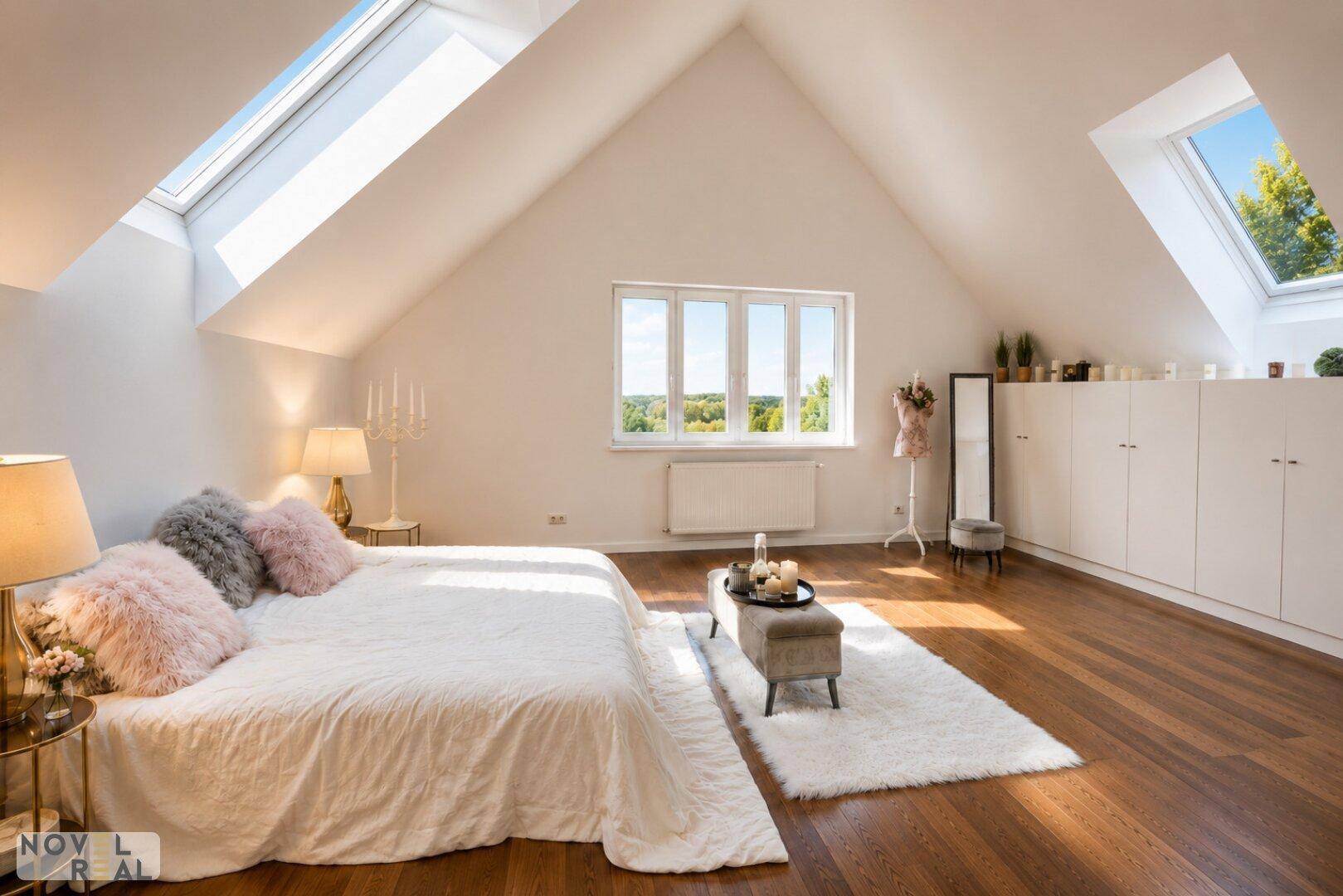 Gemütliches Schlafzimmer im Dachgeschoss mit Holzboden, Dachfenstern und Einbauschränken.