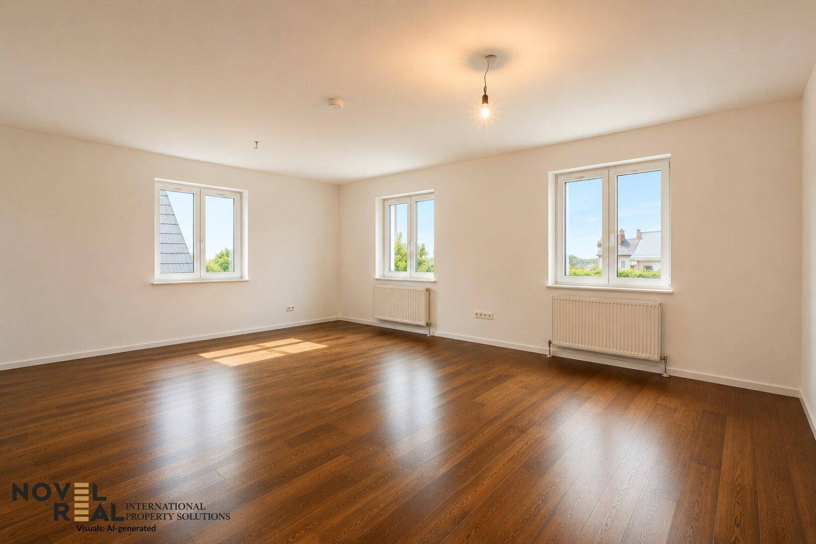 Geräumiger, unmöblierter Raum mit Holzboden und mehreren Fenstern für viel Licht.