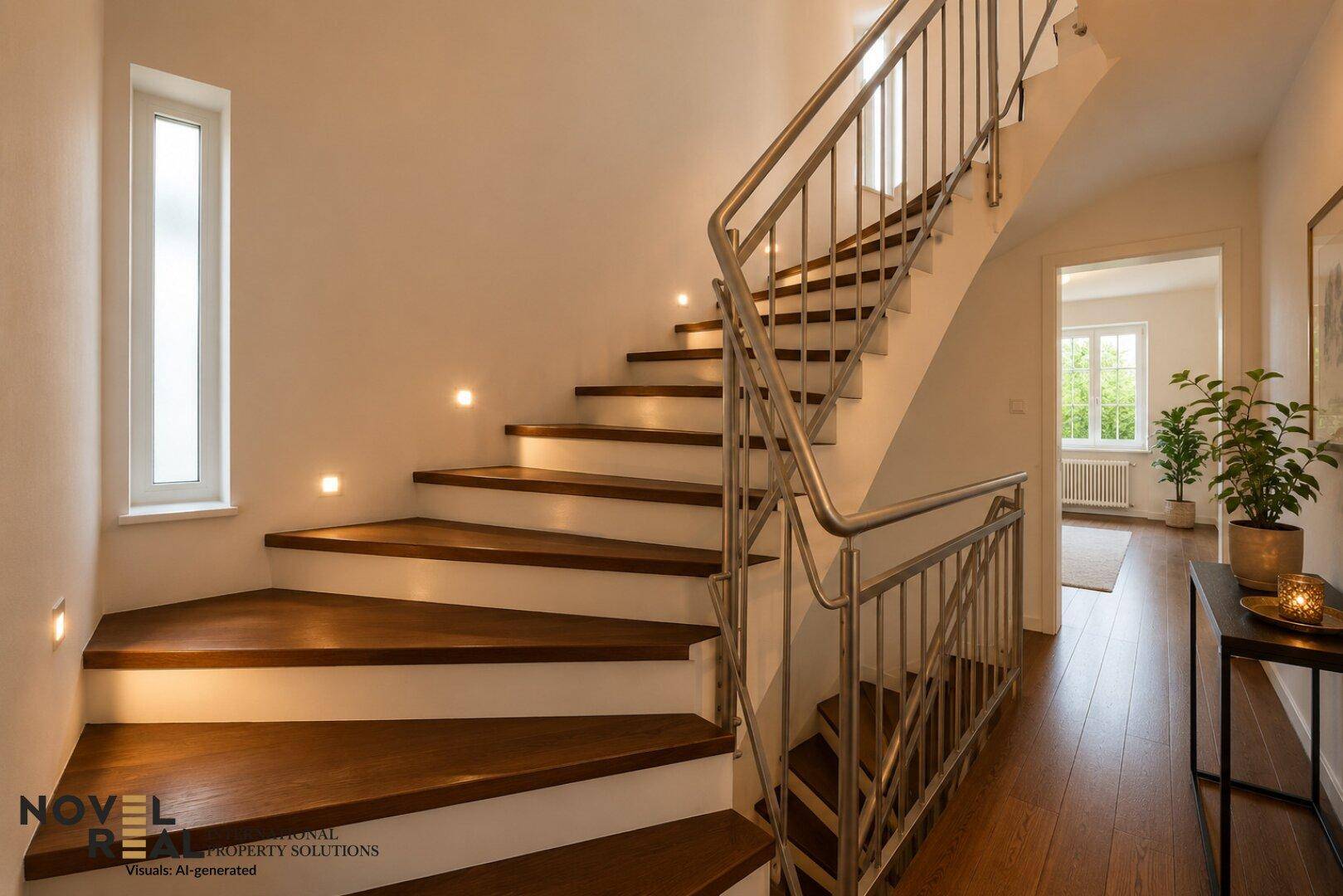 Moderne Holztreppe mit Edelstahlgeländer und indirekter Beleuchtung im Flurbereich.