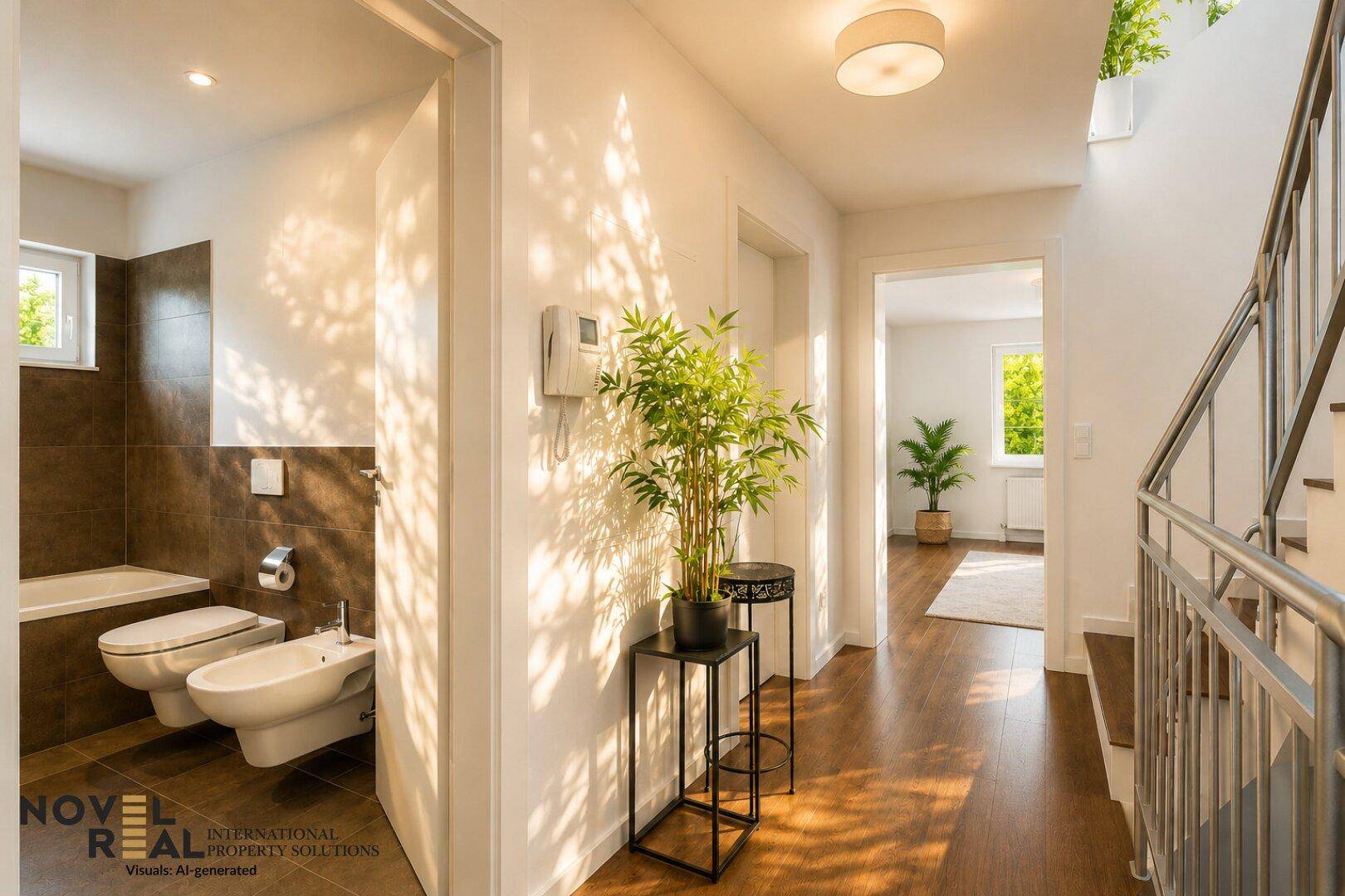 Heller Flur mit Holzboden und Blick in ein modernes Badezimmer mit Badewanne und Bidet.