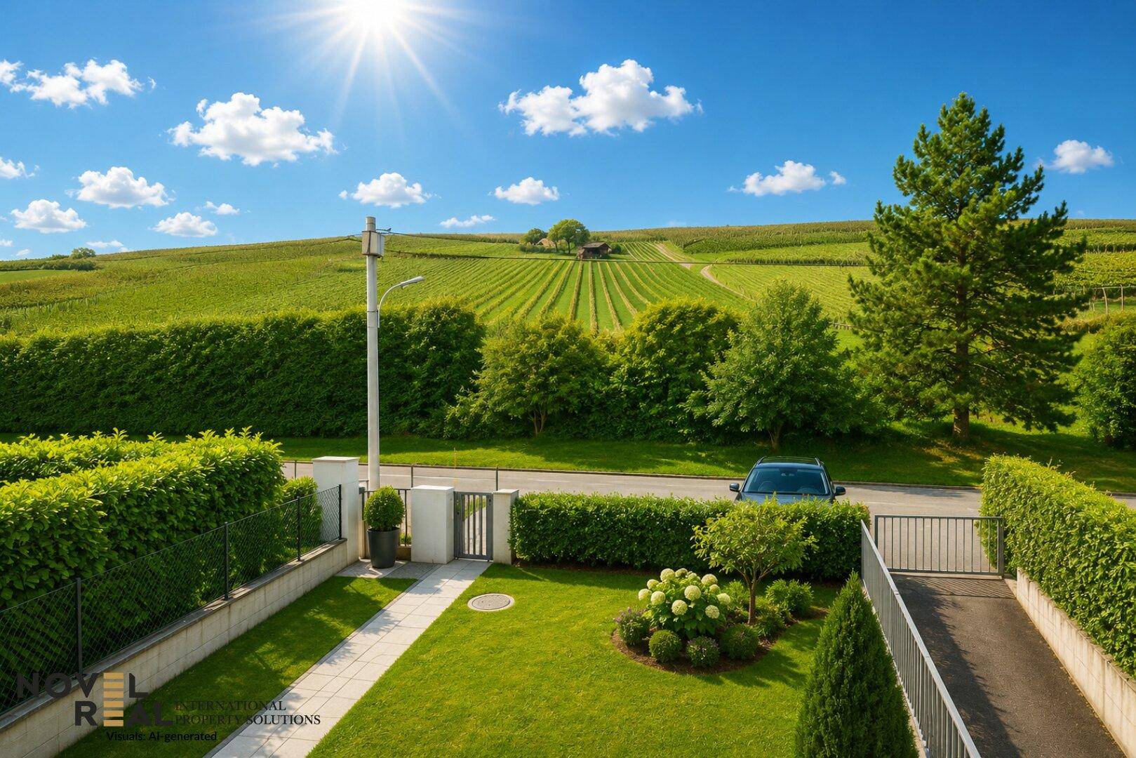 Vorgarten mit Zufahrt und einem weiten Blick auf die umliegenden Weinberge.