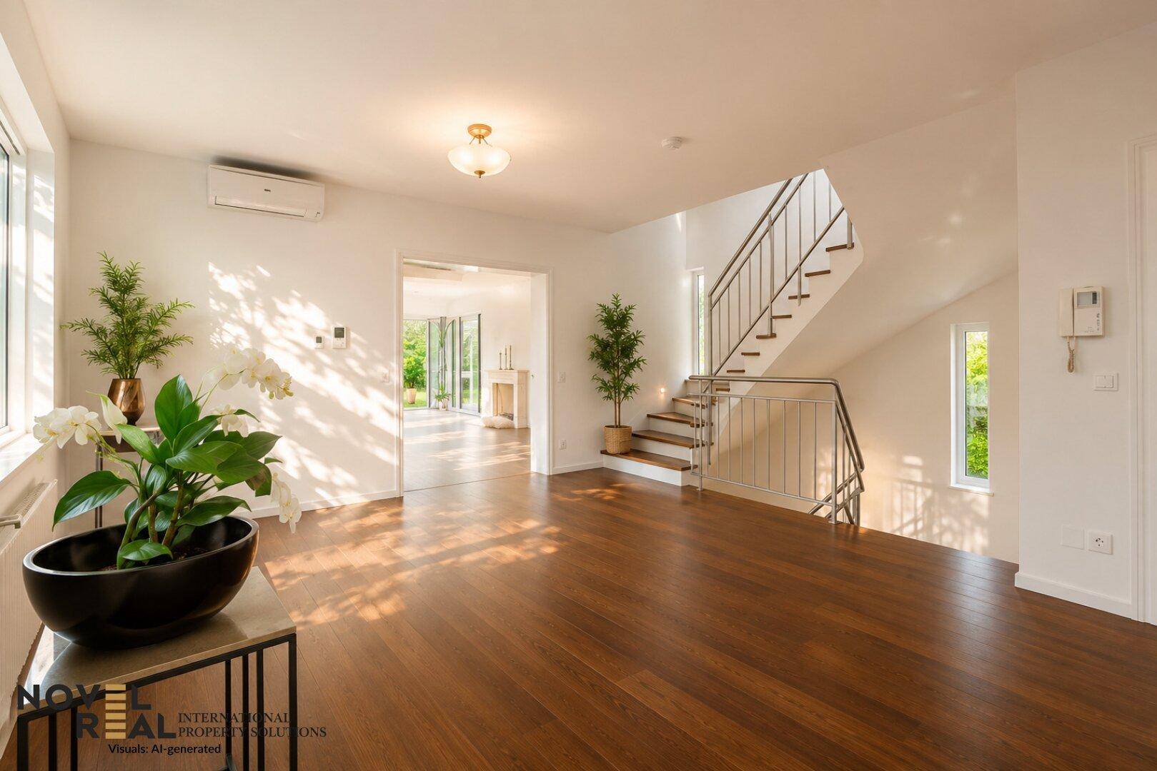 Heller Eingangsbereich mit Holztreppe, modernen Geländern und viel Tageslicht.