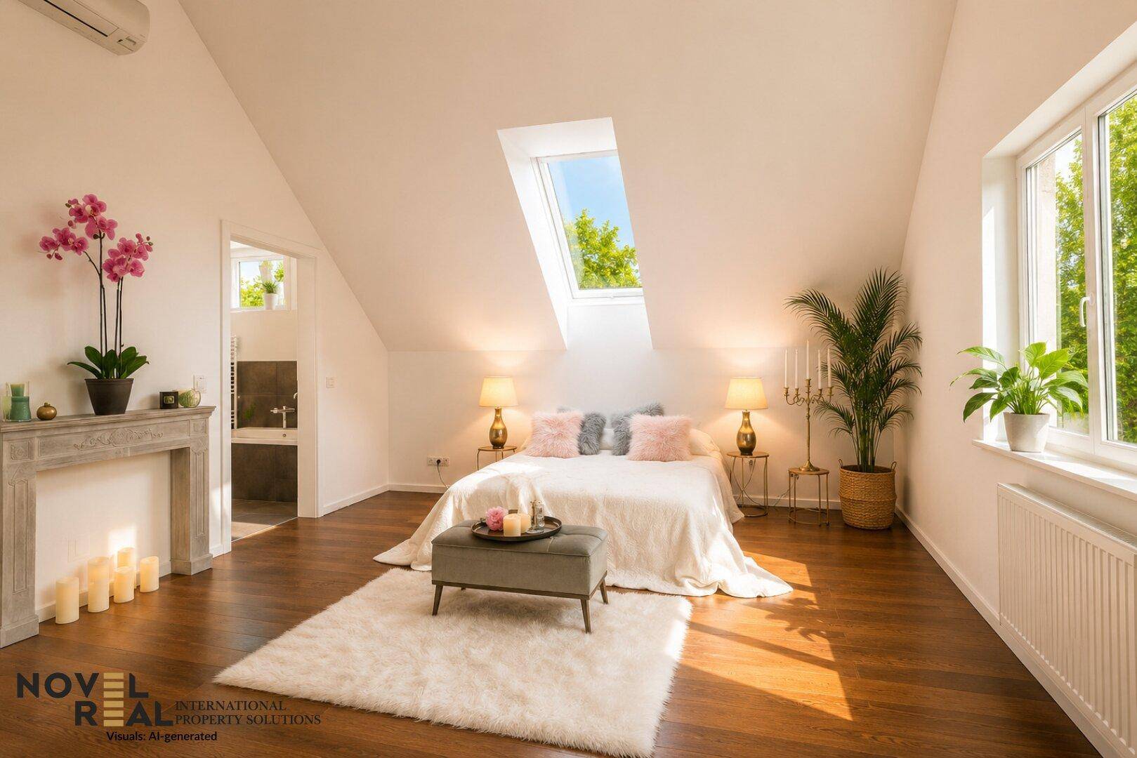 Lichtdurchflutetes Schlafzimmer im Dachgeschoss mit Holzboden und Zugang zum Bad.