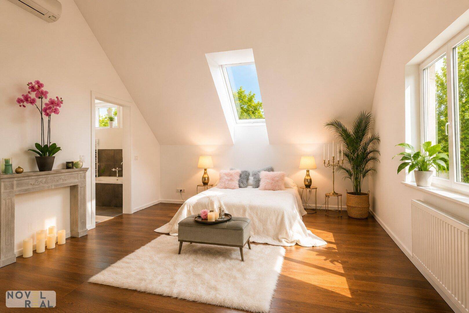 Schlafzimmer im Dachgeschoss mit Holzboden, Dachfenster und Zugang zum Badezimmer.