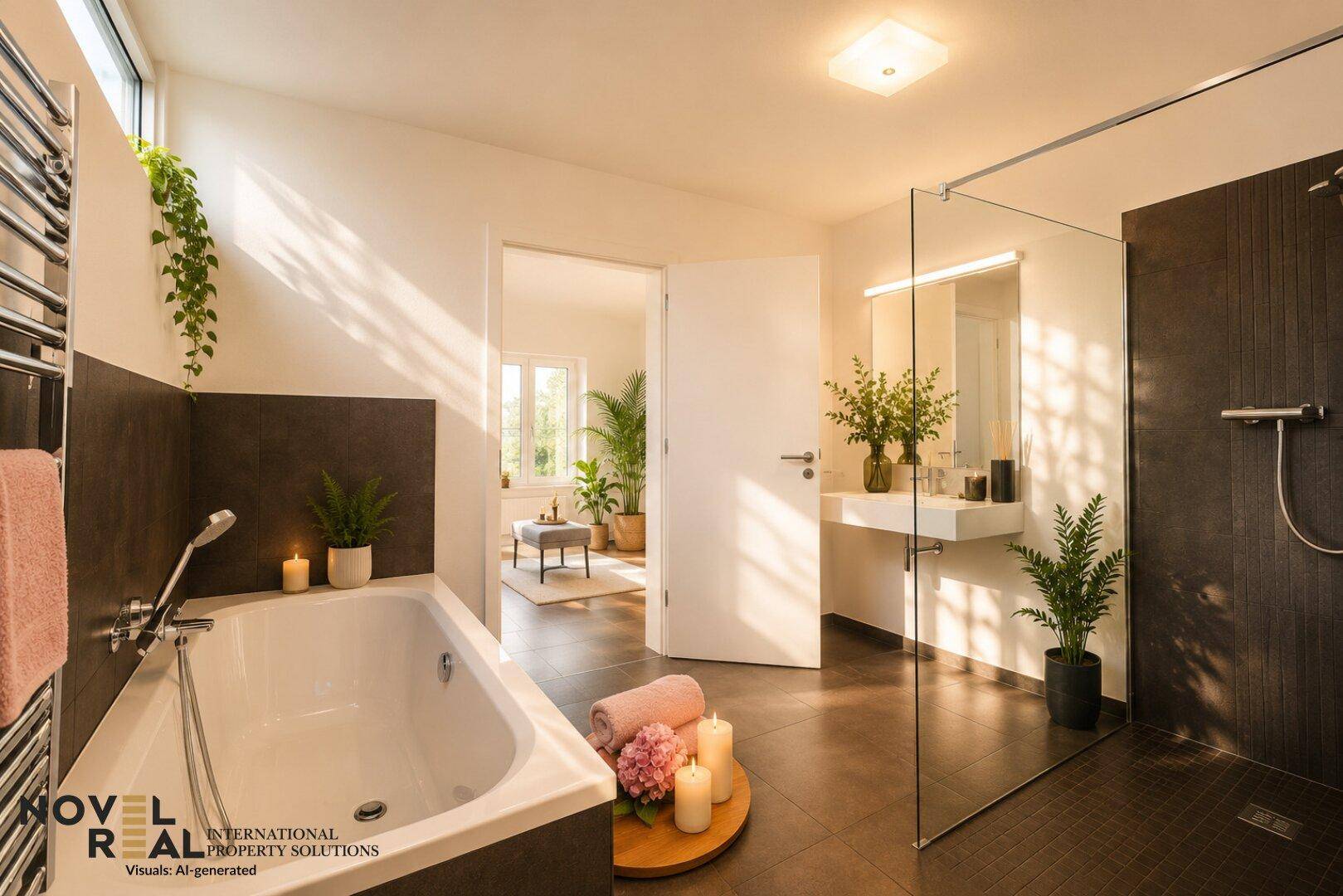 Modernes Badezimmer mit Badewanne, begehbarer Dusche und großem Spiegel.