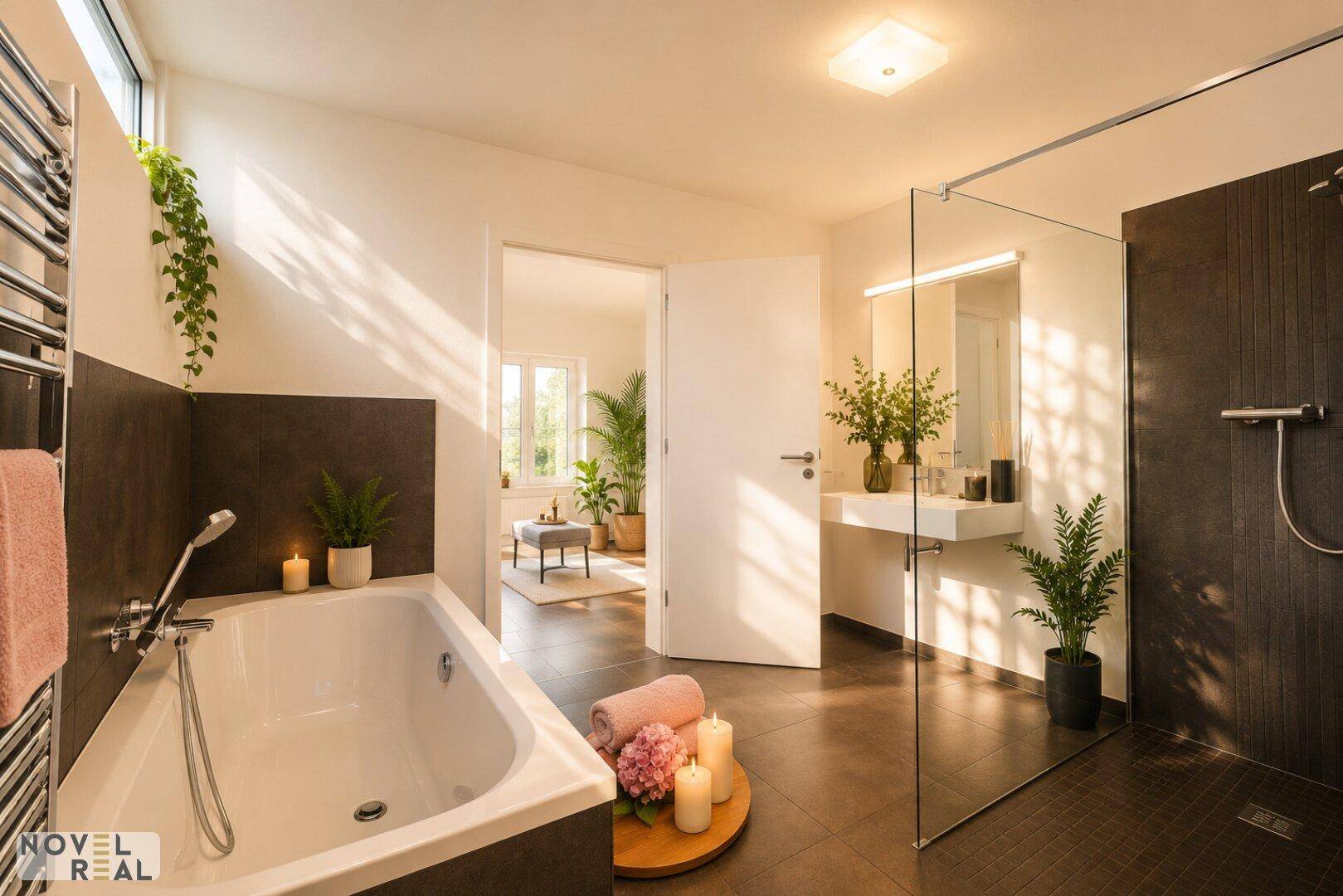 Modernes Badezimmer mit Badewanne, ebenerdiger Dusche und großem Fenster.