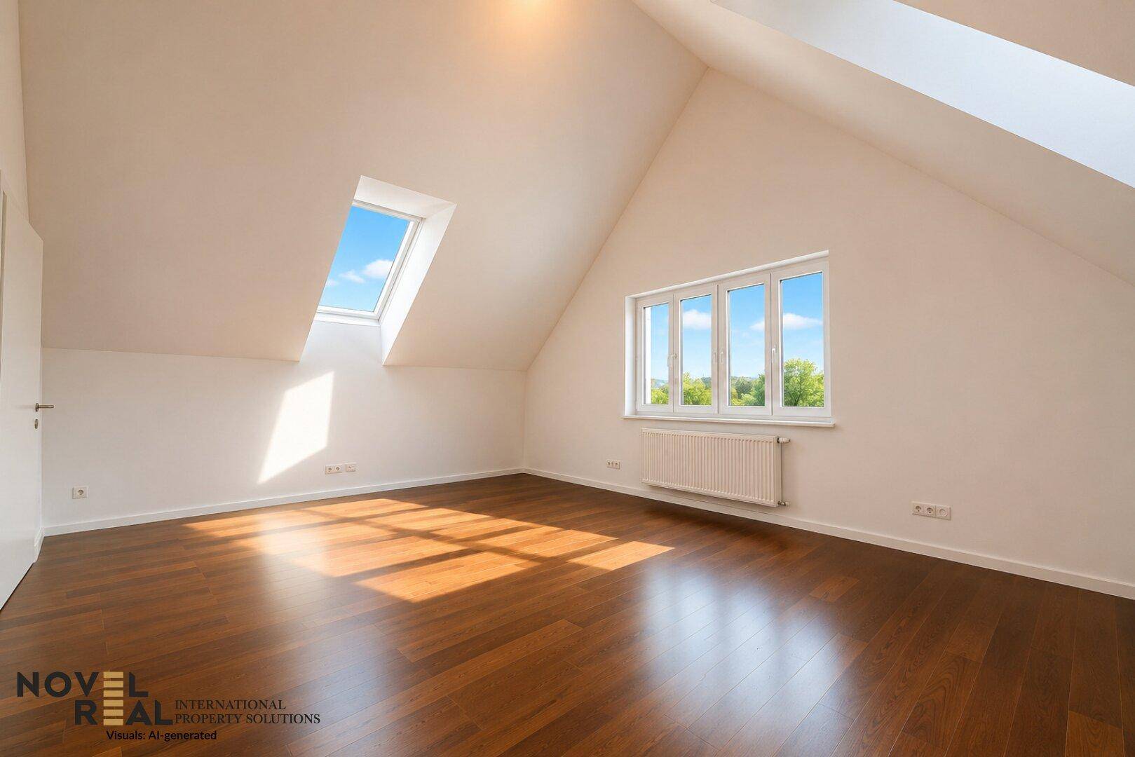 Helles Dachgeschosszimmer mit Holzboden, Dachfenster und weitem Ausblick.