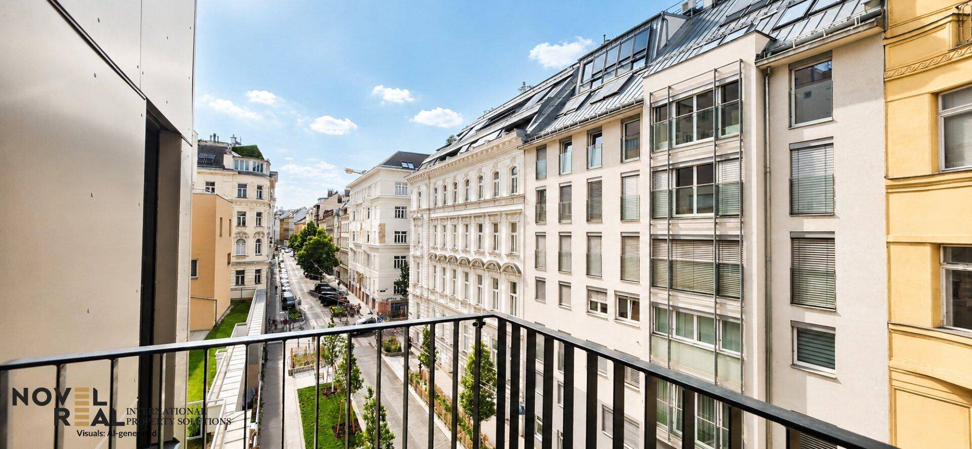 Balkon mit Blick auf eine belebte Stadtstraße und klassische Wiener Architektur.