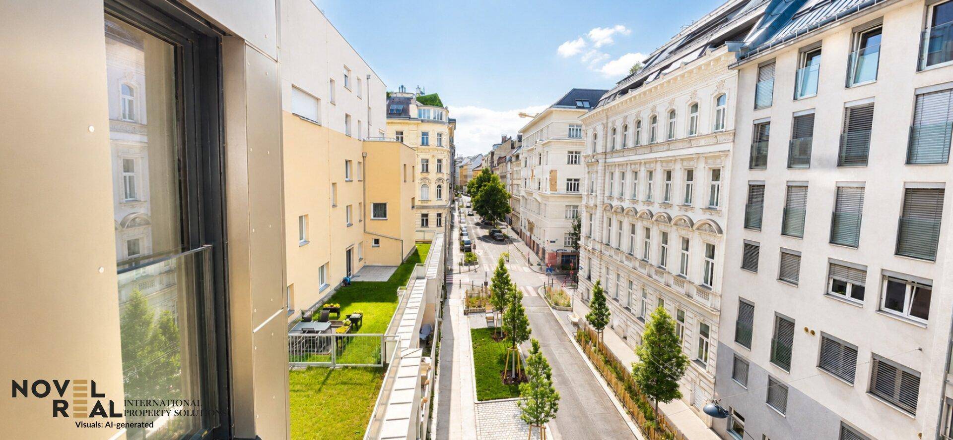 Balkon mit weitem Blick auf eine städtische Straße mit Bäumen und historischen Gebäuden.