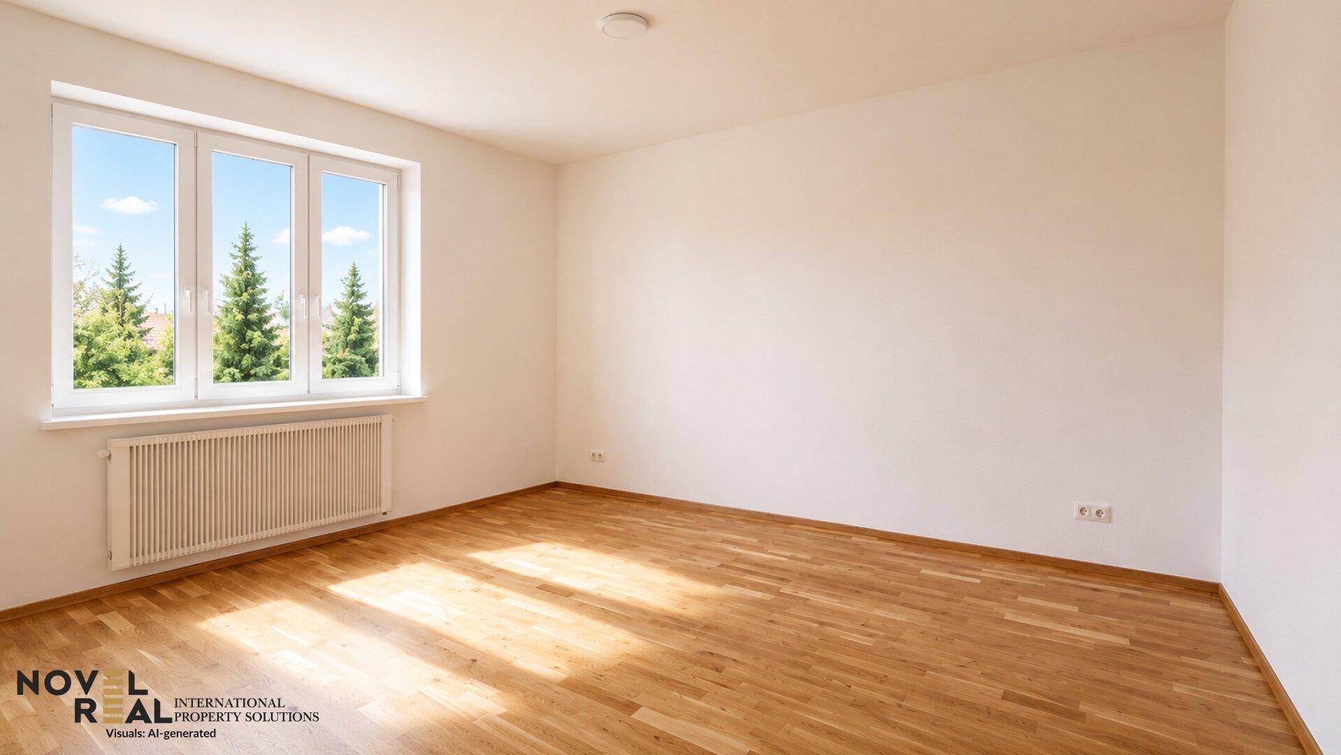 Heller Raum mit Parkettboden und großem Fenster, das einen Blick ins Grüne bietet.