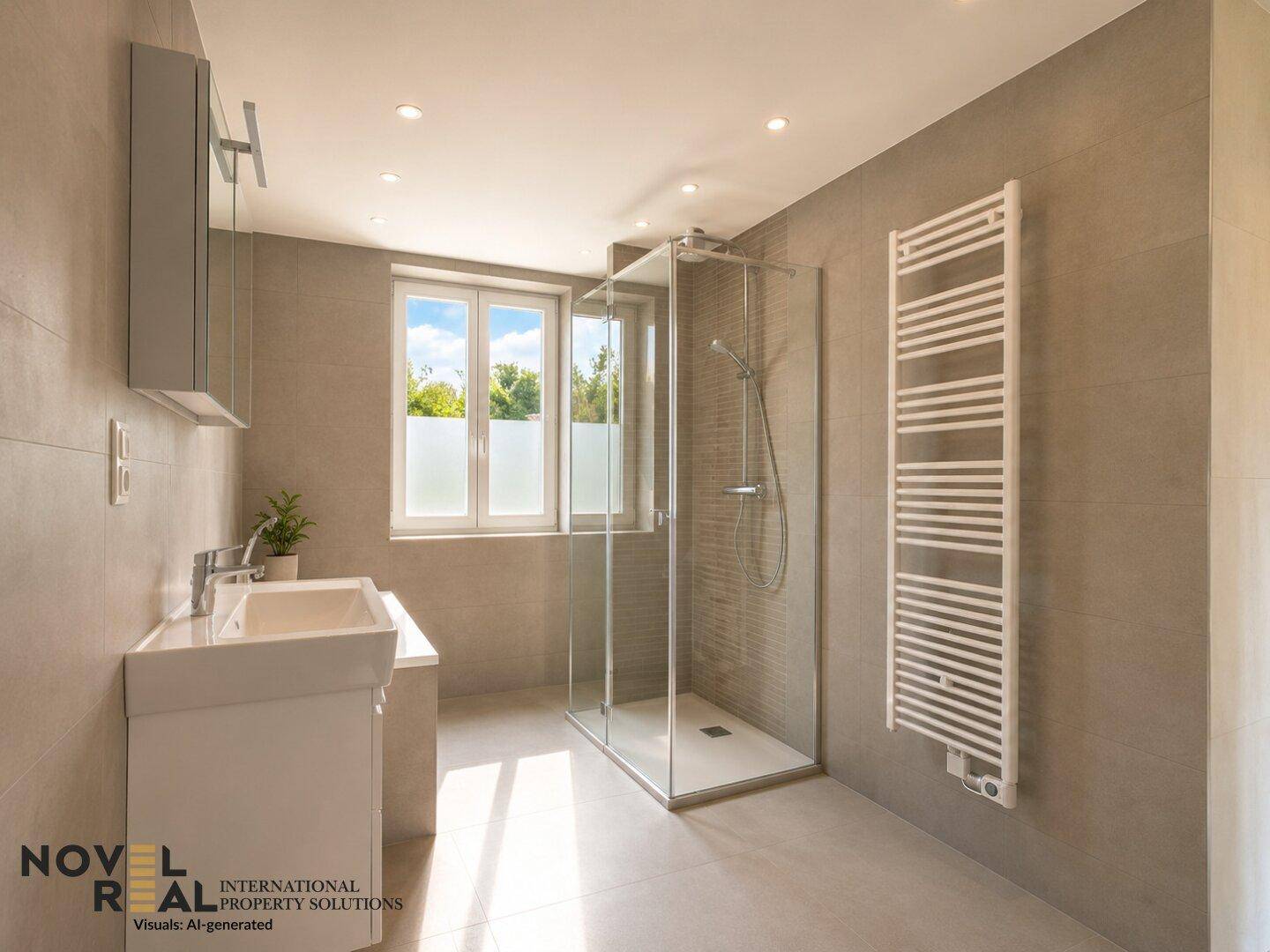 Modernes Badezimmer mit begehbarer Dusche, beheiztem Handtuchhalter und Fenster.