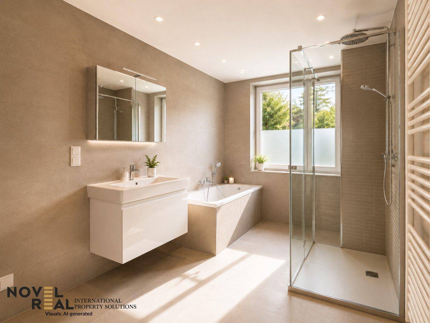 Elegantes Badezimmer mit Badewanne, begehbarer Dusche und großem Spiegel.
