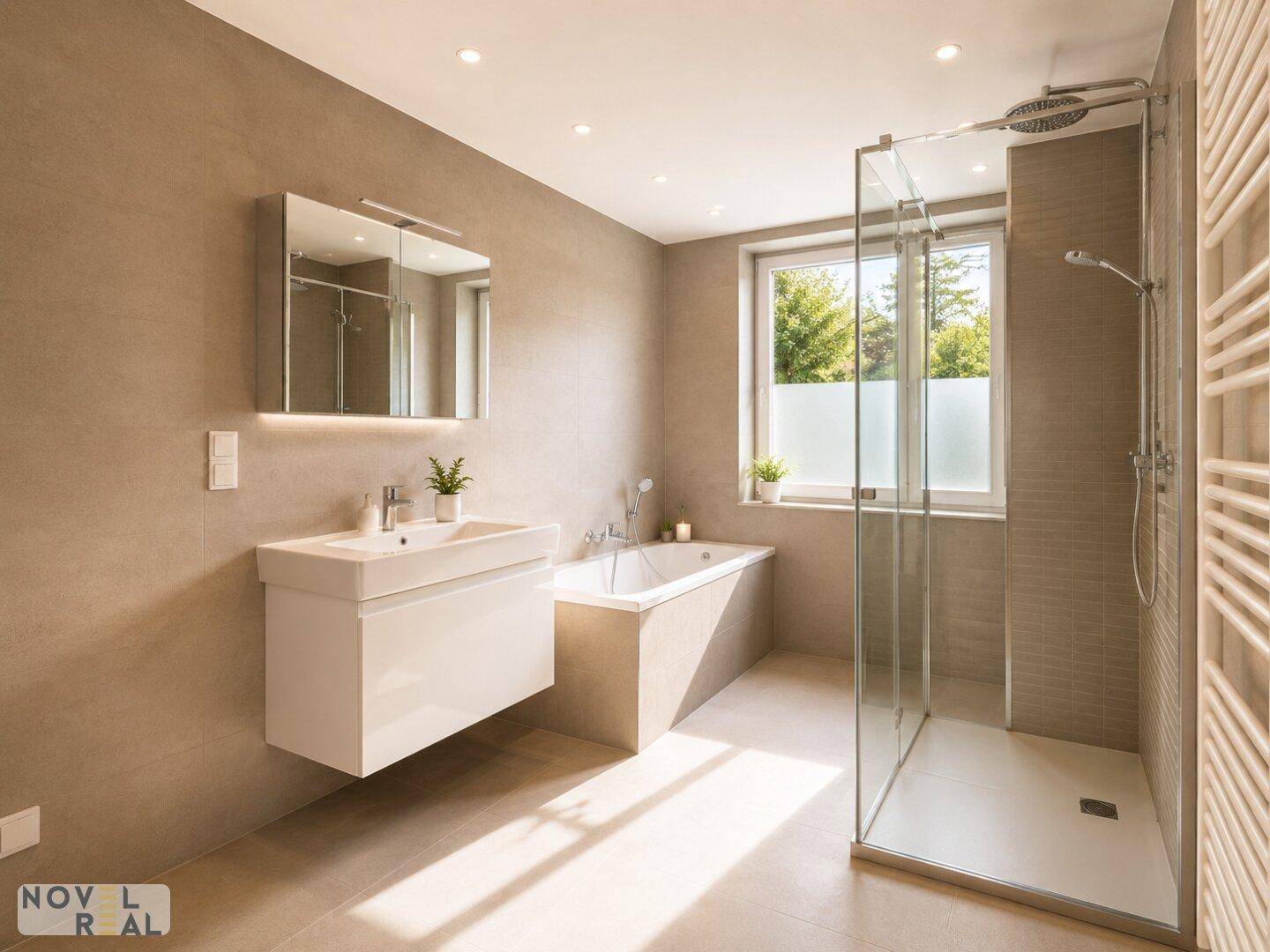 Elegantes Badezimmer mit Badewanne, Glasdusche und modernem Waschtisch.