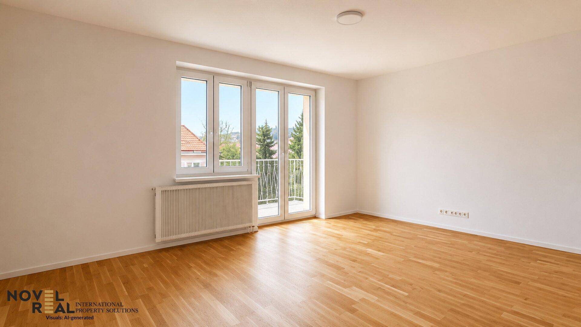 Geräumiges Zimmer mit Holzboden und Zugang zu einem französischen Balkon, ideal für viel Licht.
