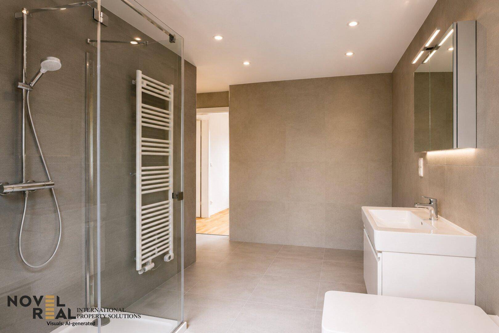 Modernes Badezimmer mit Dusche, beheiztem Handtuchhalter und Waschtisch mit Spiegel.