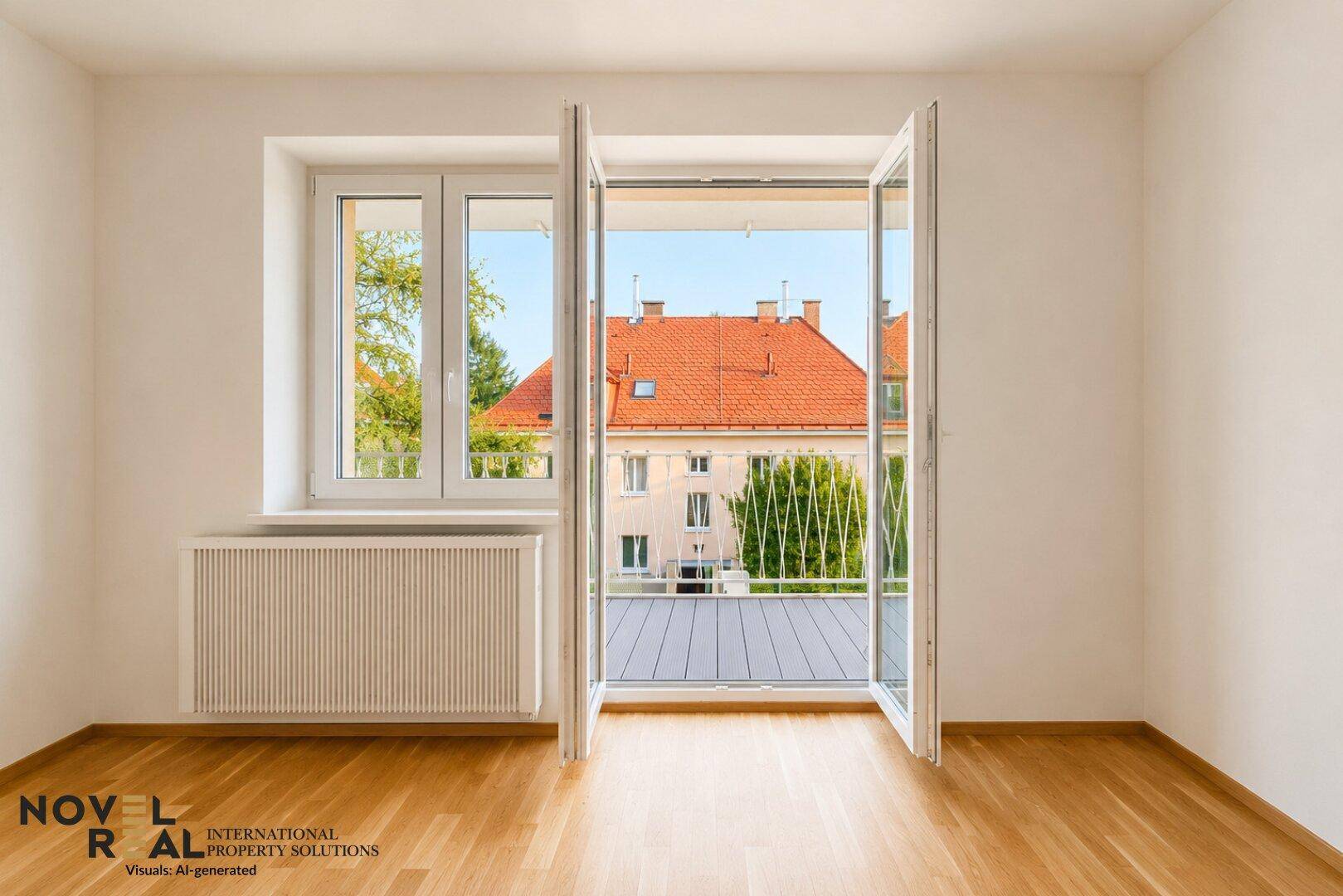 Heller Raum mit Holzboden und offenem Zugang zu einem Balkon mit Blick auf die Nachbarschaft.