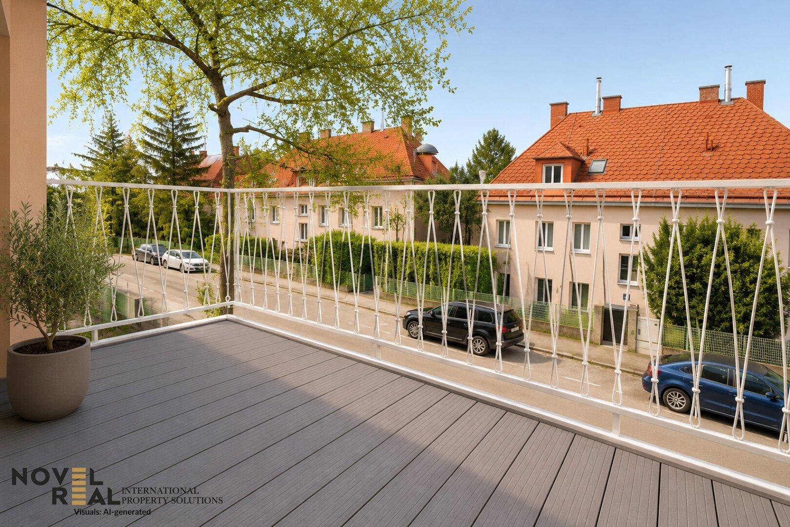 Geräumiger Balkon mit Holzboden und Blick auf die umliegende Wohngegend und Straße.
