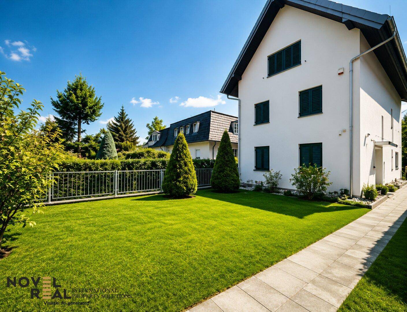 Seitenansicht des Hauses mit gepflegtem Vorgarten, Gehweg und angrenzendem Zaun.