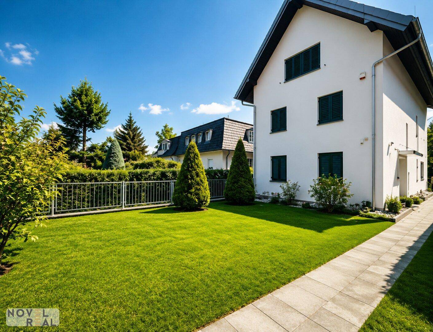 Seitenansicht des Hauses mit gepflegtem Vorgarten, Zaun und einem gepflasterten Weg.