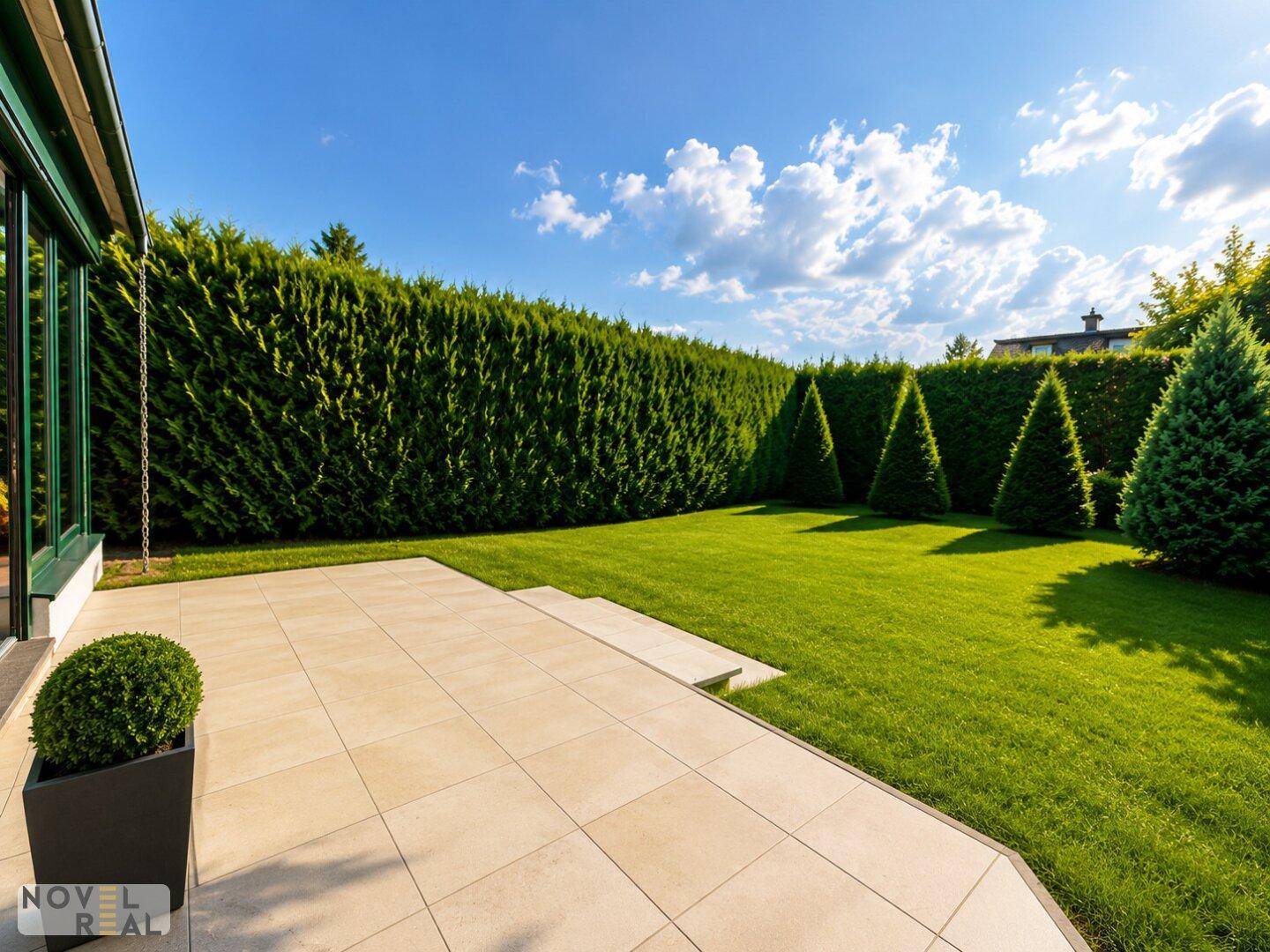 Geräumige Terrasse mit hellen Fliesen und direktem Zugang zum grünen Gartenbereich.