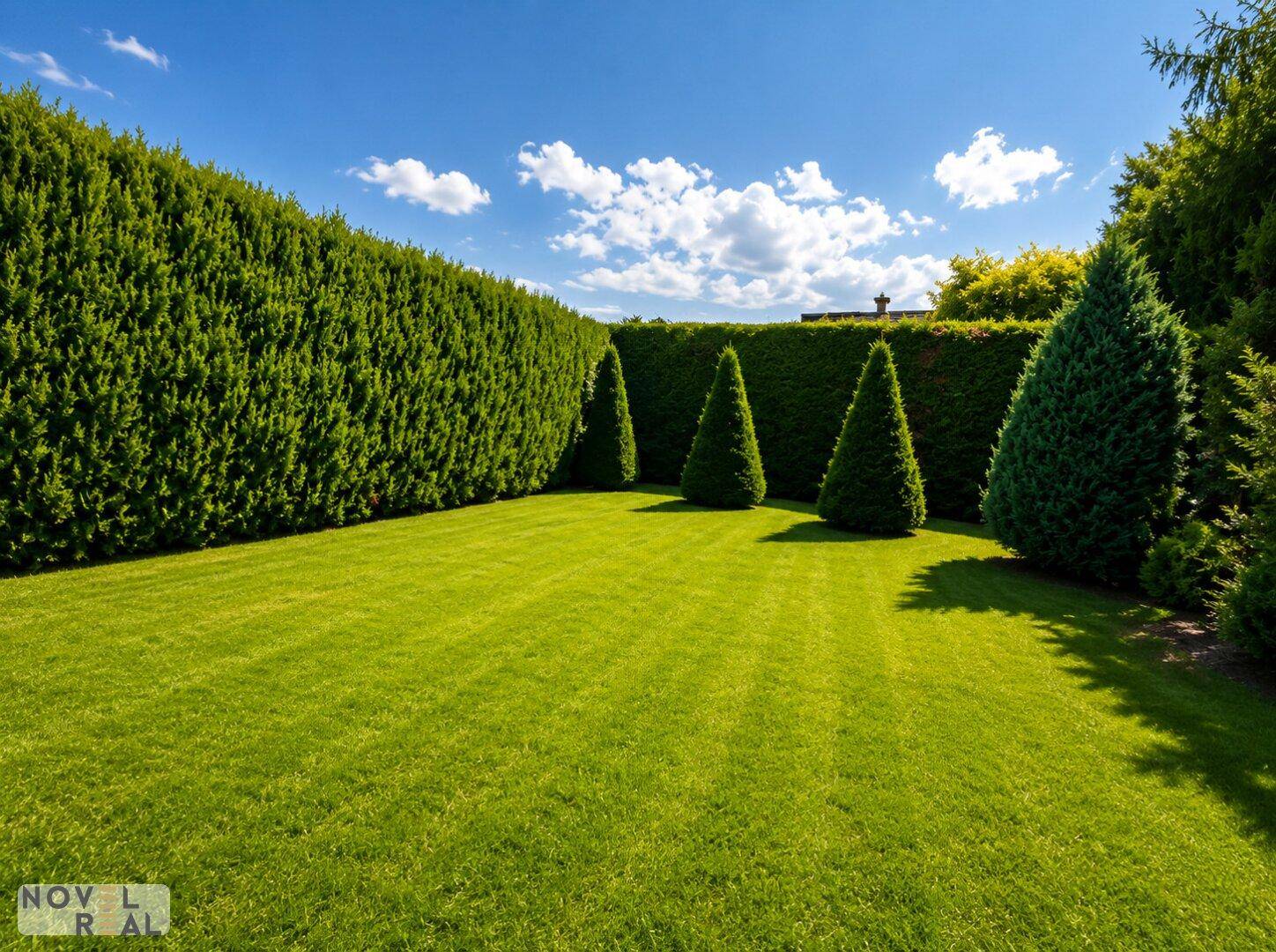 Idyllischer Gartenbereich mit hohen, dichten Hecken und gepflegter Rasenfläche.